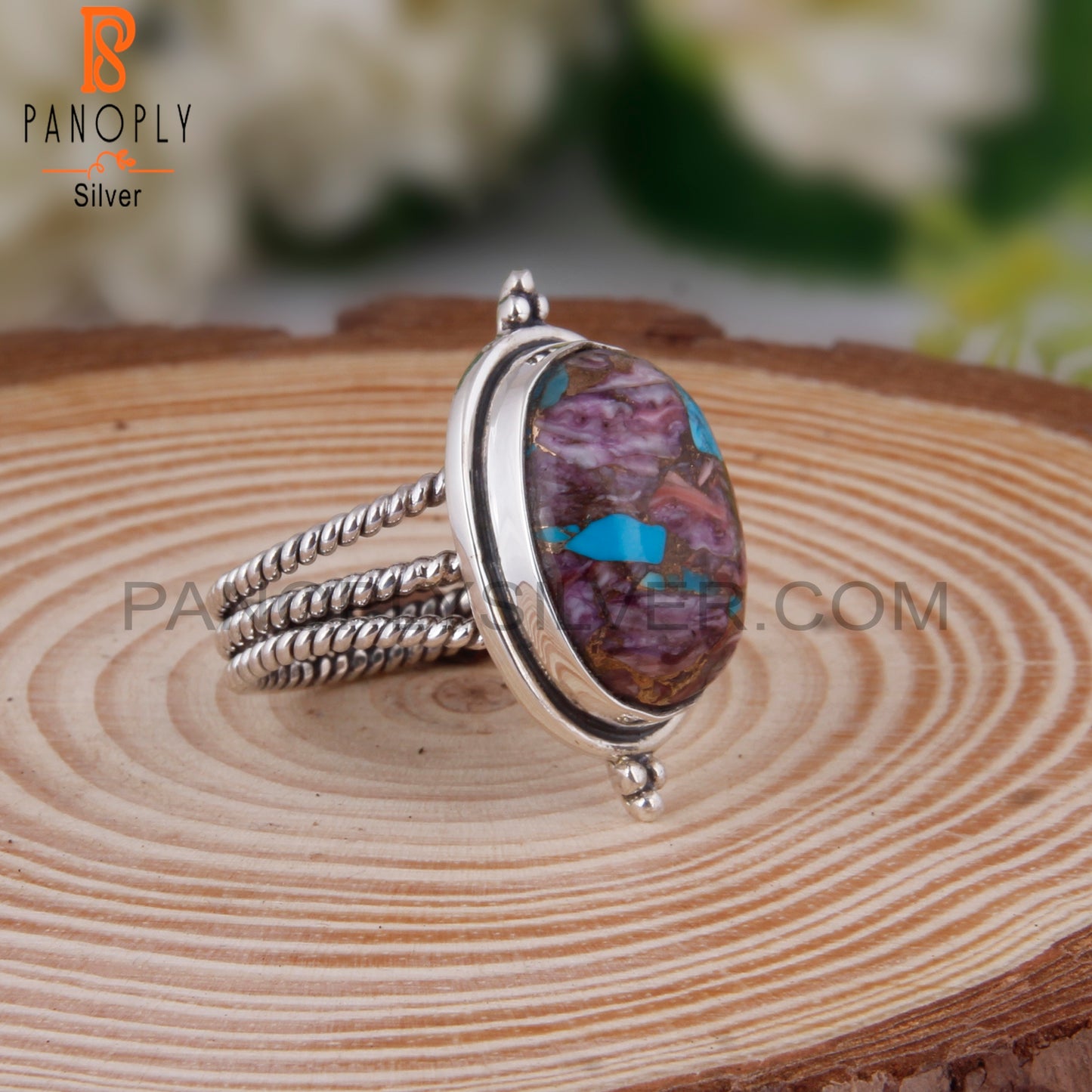 Dainty Mojave Purple Oyster Turquoise Oval 925 Silver Ring
