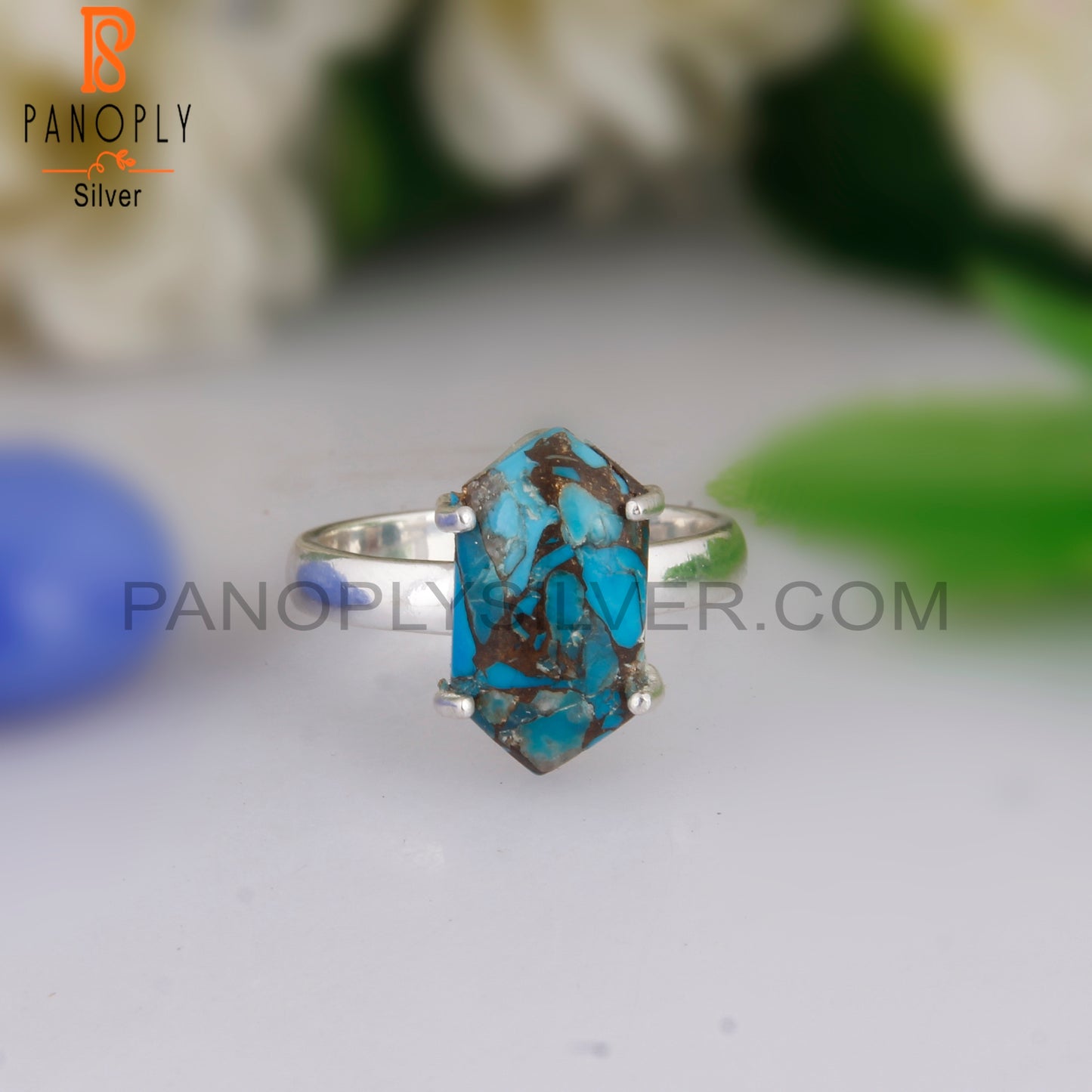 Mojave Copper Turquoise Hexagon Shape 925 Sterling Silver Ring