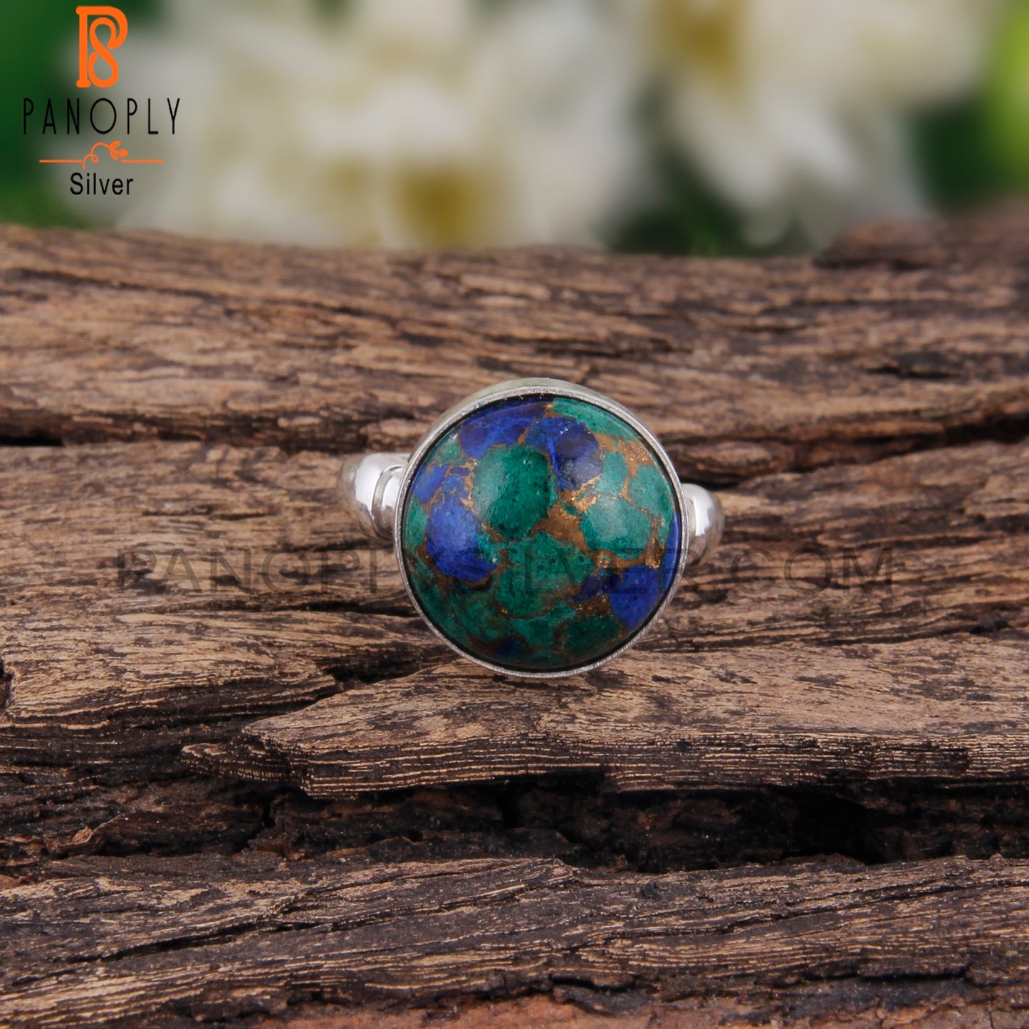 Designer Mojave Azurite Malachite Round 925 Silver Ring