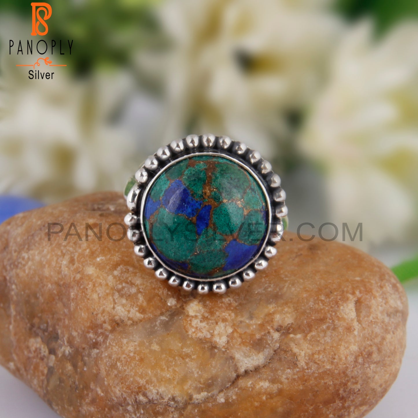 Mojave Copper Azurite Malachite Round 925 Silver Casual Ring