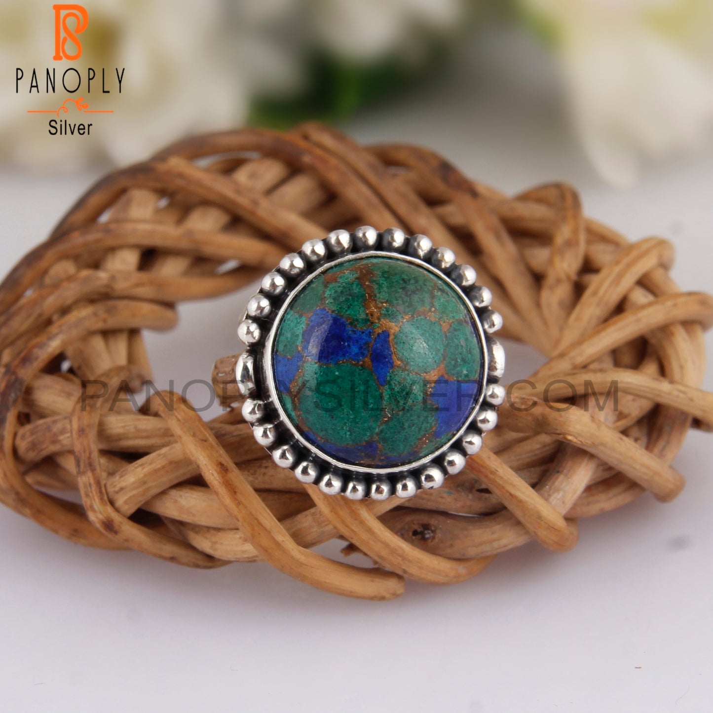 Mojave Copper Azurite Malachite Round 925 Silver Casual Ring