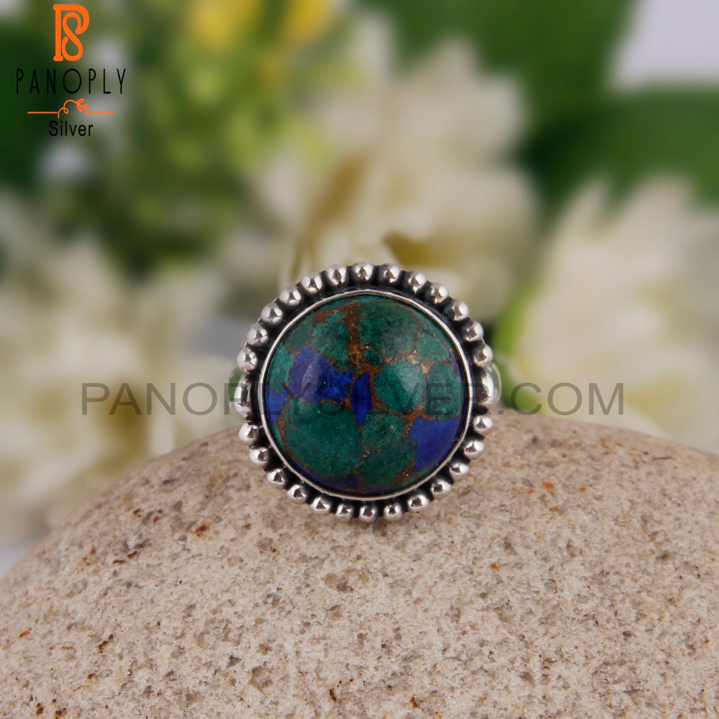 Mojave Copper Azurite Malachite Round 925 Silver Casual Ring