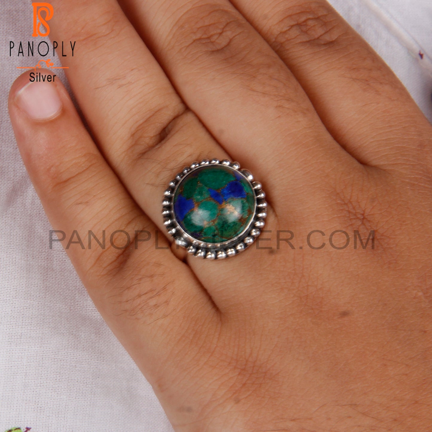 Mojave Copper Azurite Malachite Round 925 Silver Casual Ring