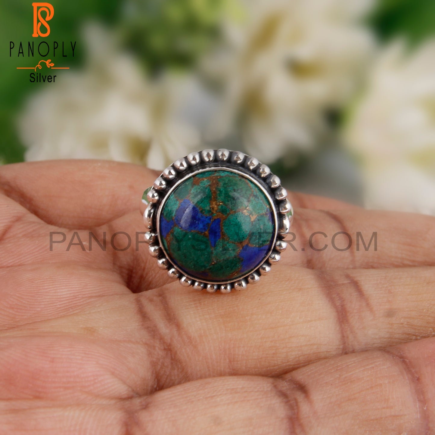 Mojave Copper Azurite Malachite Round 925 Silver Casual Ring