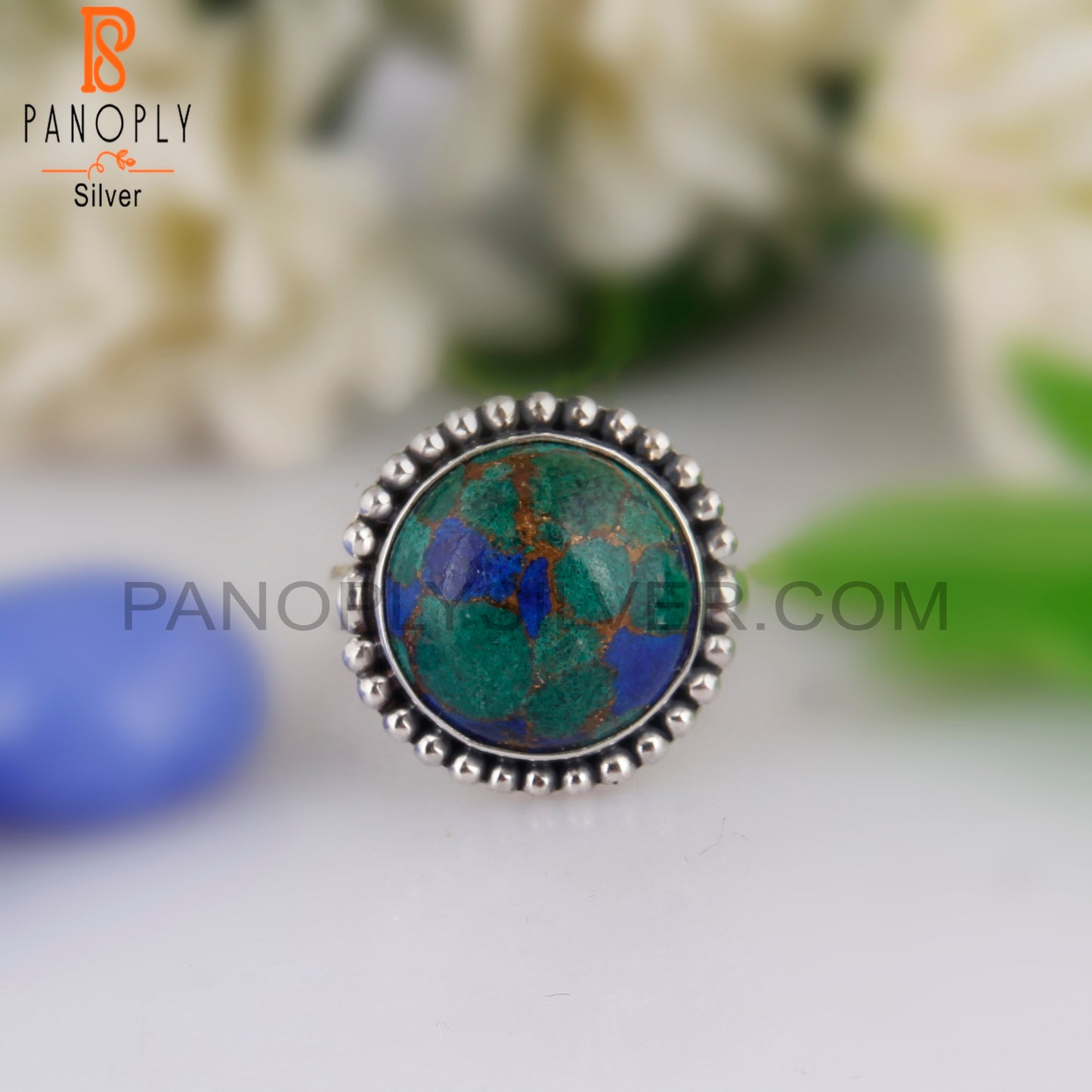 Mojave Copper Azurite Malachite Round 925 Silver Casual Ring