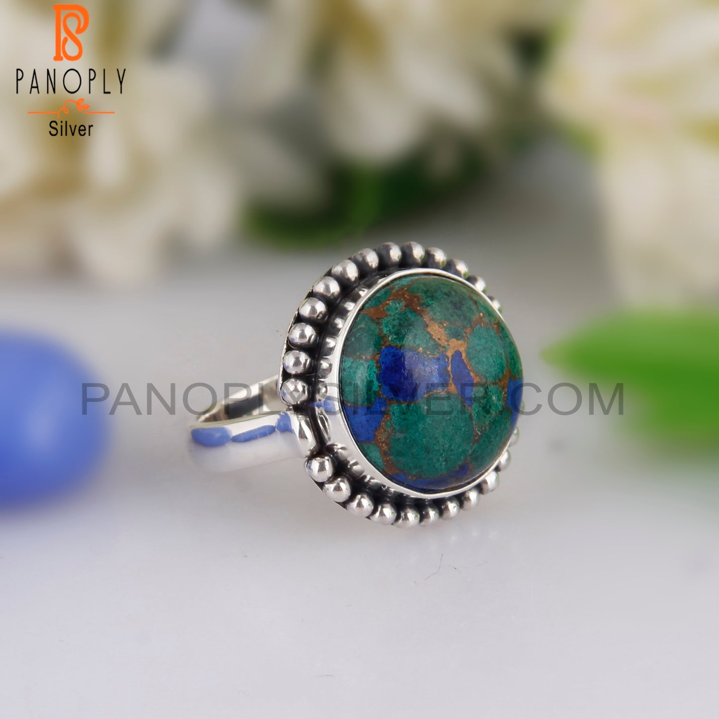 Mojave Copper Azurite Malachite Round 925 Silver Casual Ring