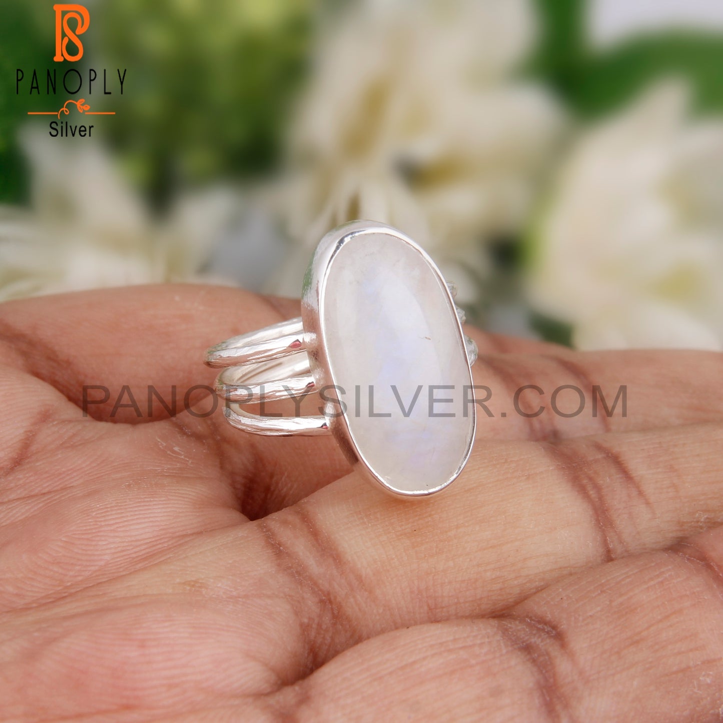 Rare Rainbow Moonstone Oval 925 Silver Ring