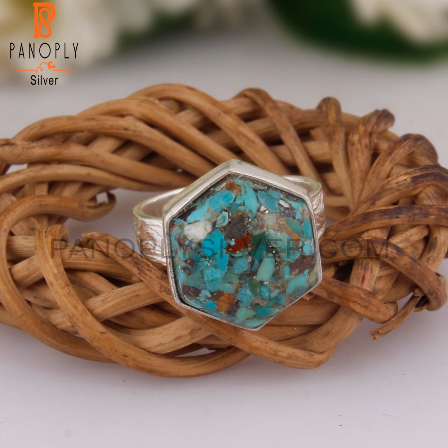 Rare Boulder Turquoise Hexagon Shape 925 Sterling Silver Ring