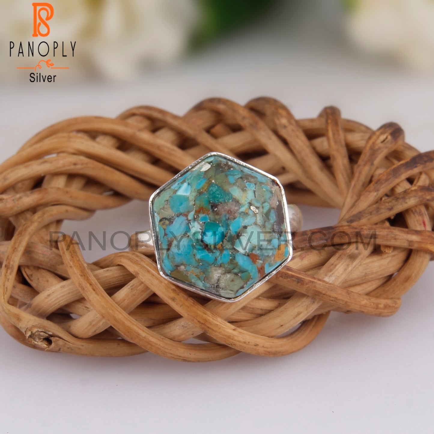 Boulder Turquoise Hexagon Shape 925 Sterling Silver Rare Ring