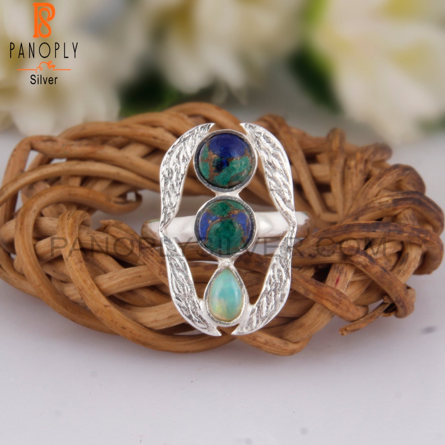 Mojave Azurite Malachite, Ethiopian Opal 925 Silver Gift Ring