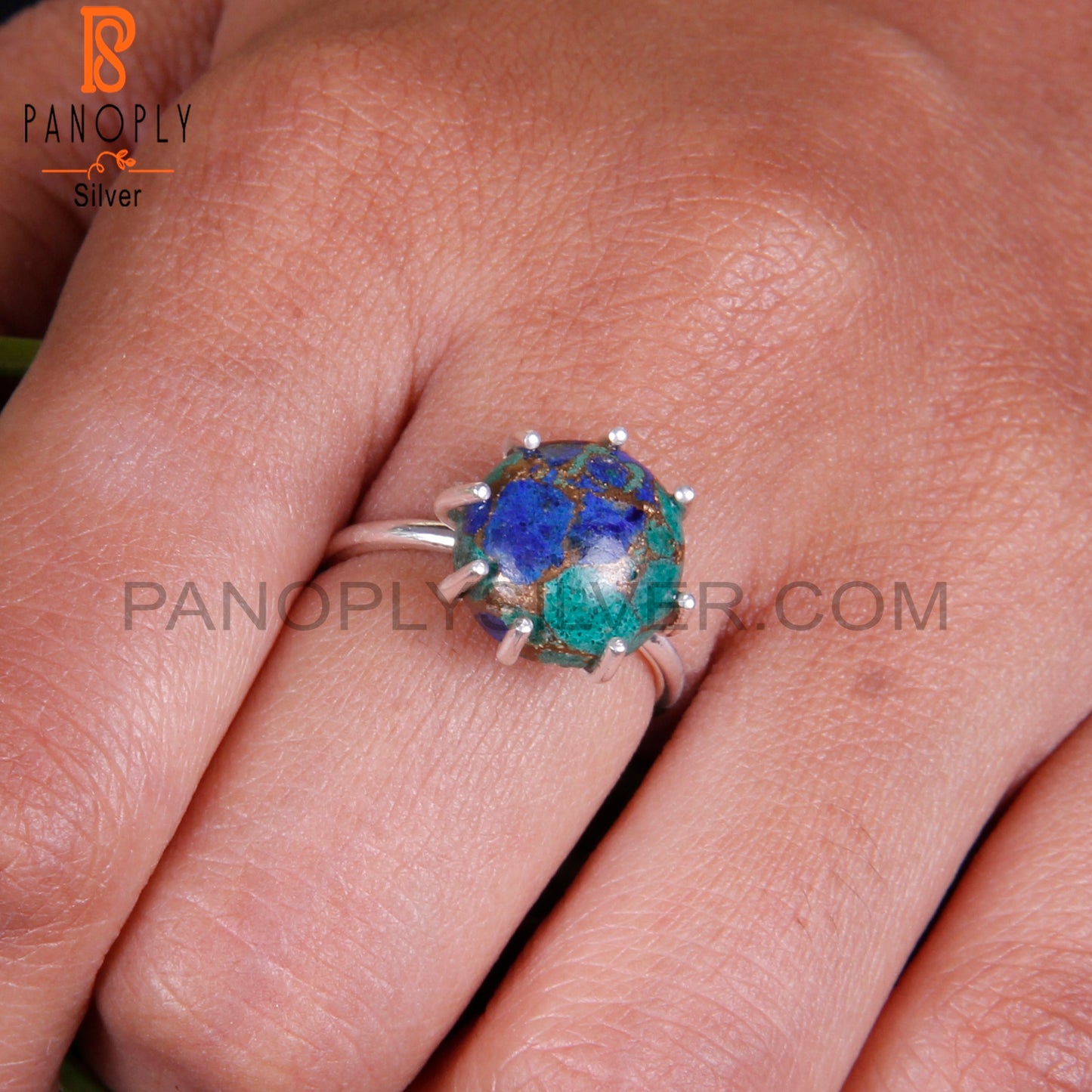 Hypoallergenic Mojave Azurite Malachite Round Silver Ring