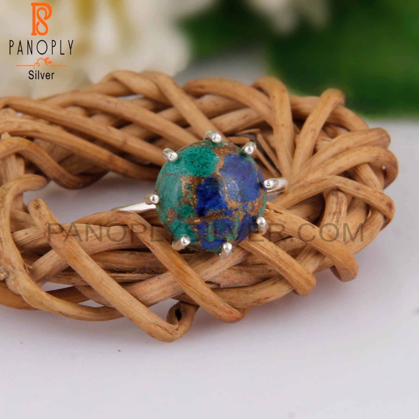 Hypoallergenic Mojave Azurite Malachite Round Silver Ring