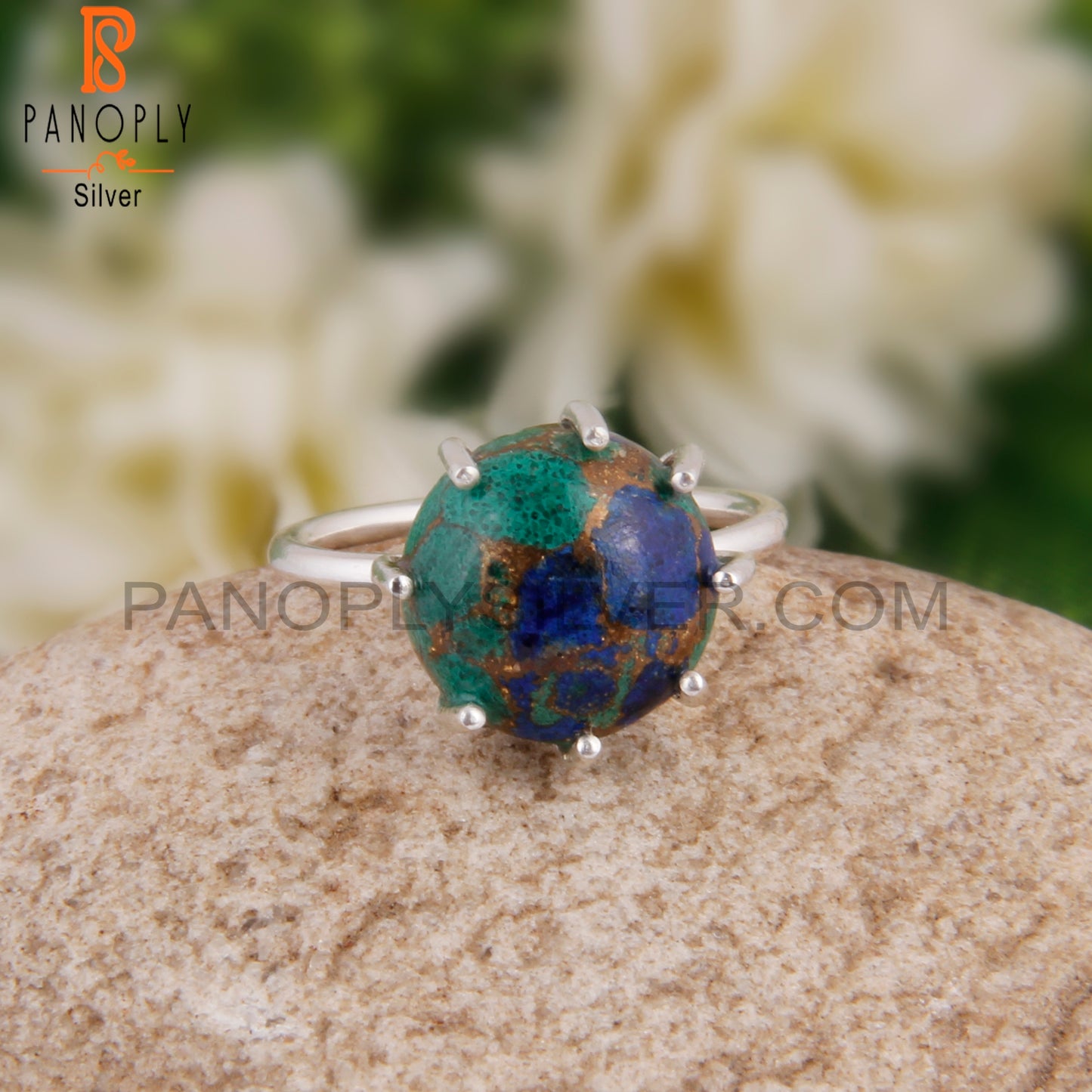 Hypoallergenic Mojave Azurite Malachite Round Silver Ring