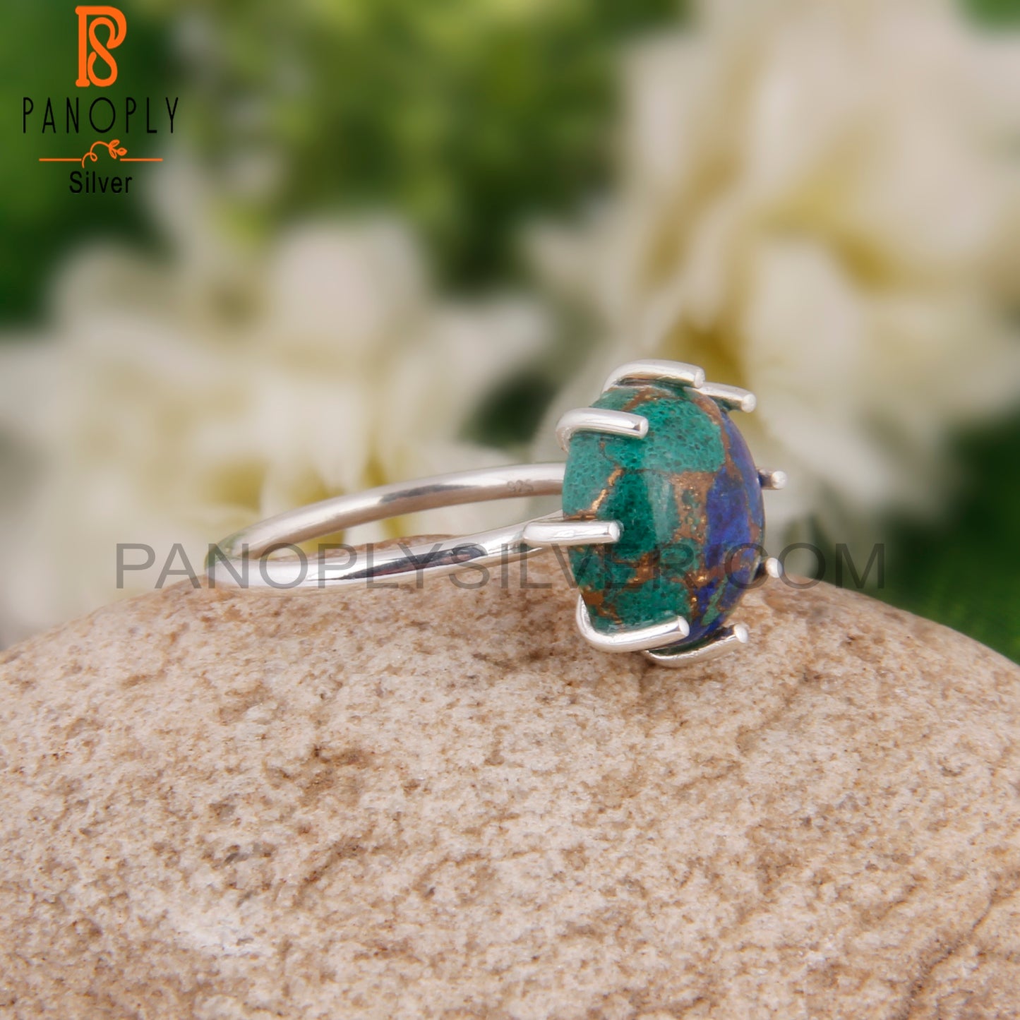Hypoallergenic Mojave Azurite Malachite Round Silver Ring