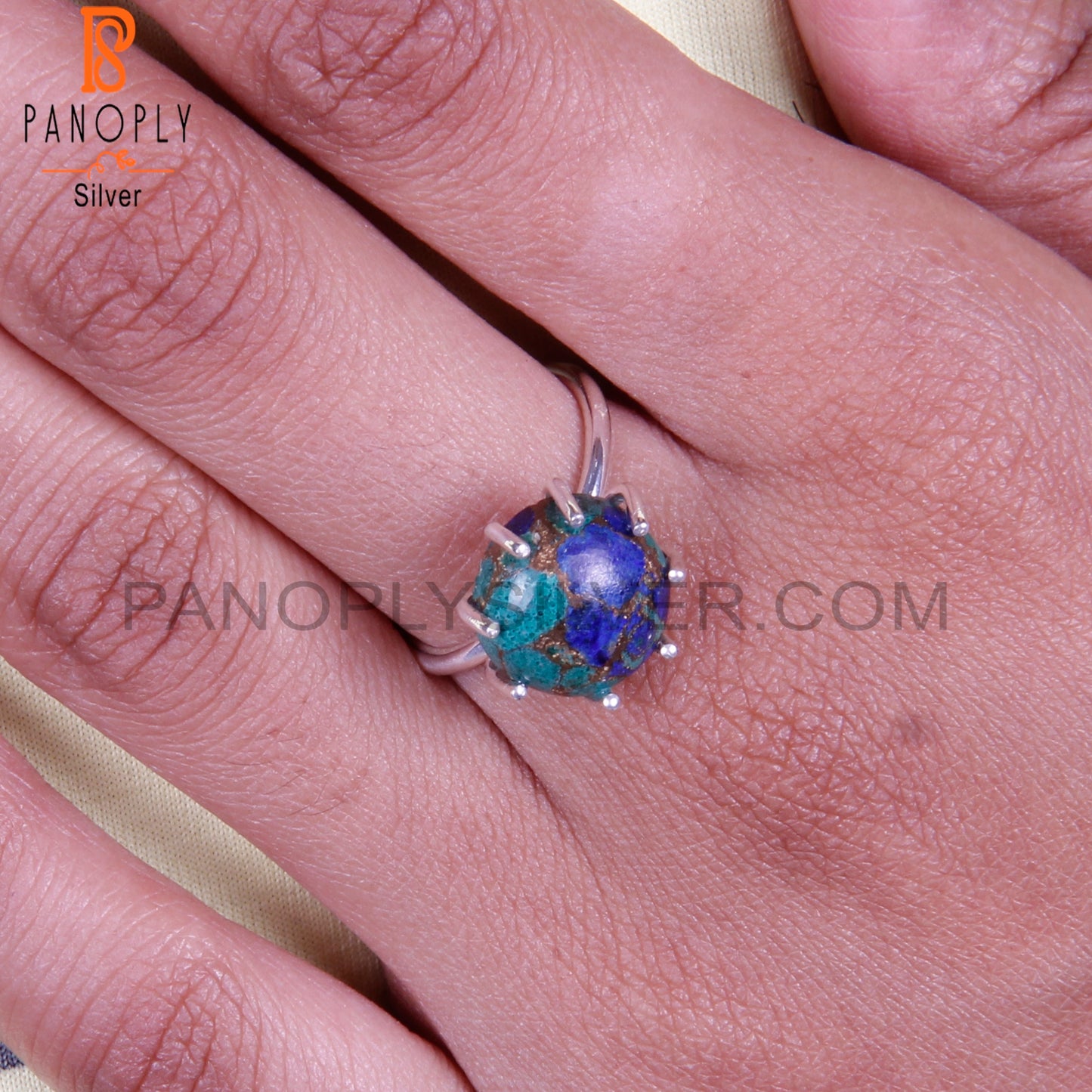Hypoallergenic Mojave Azurite Malachite Round Silver Ring