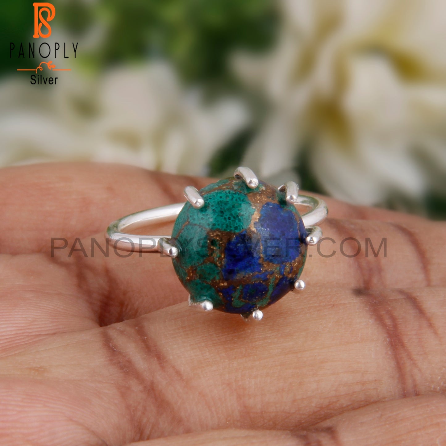 Hypoallergenic Mojave Azurite Malachite Round Silver Ring