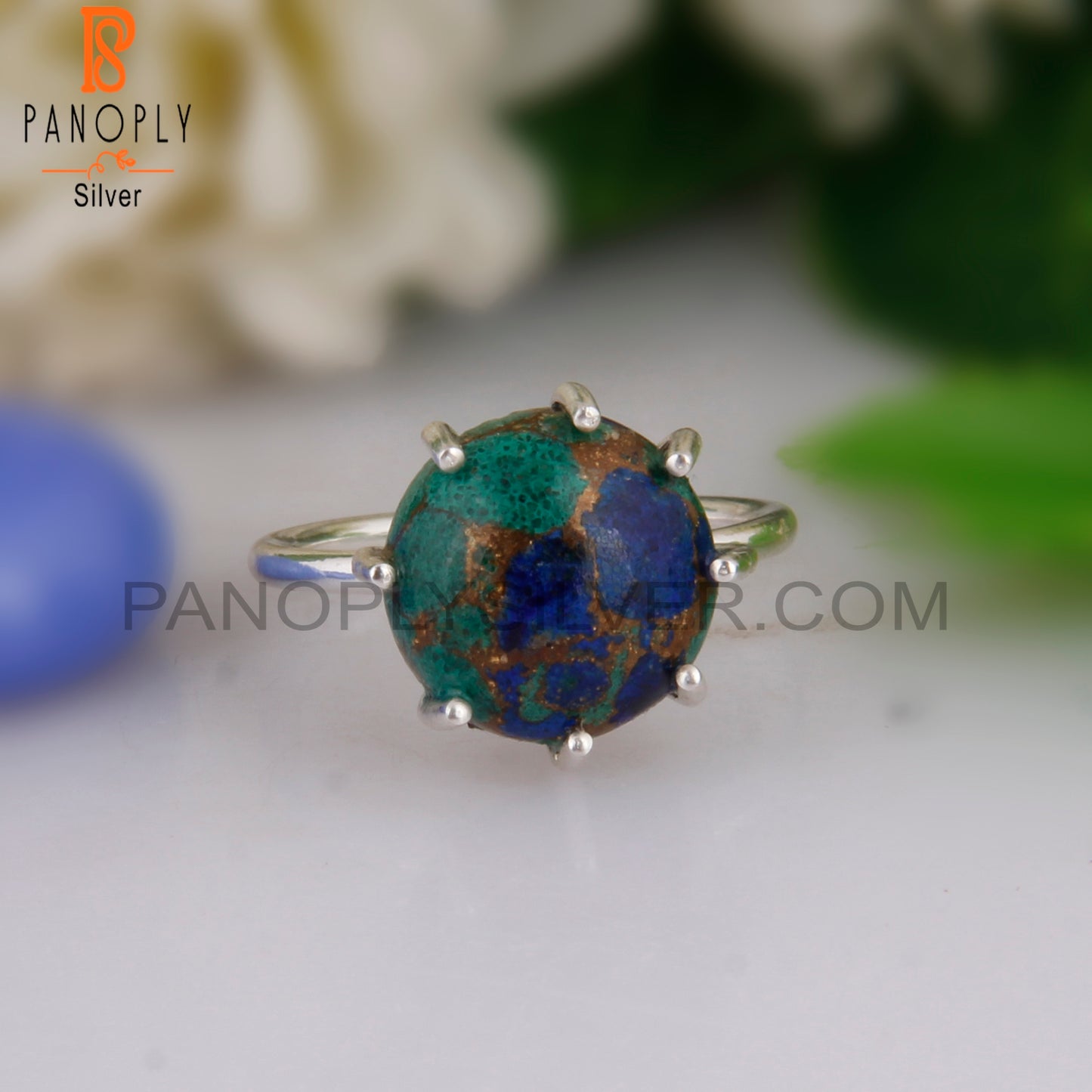 Hypoallergenic Mojave Azurite Malachite Round Silver Ring