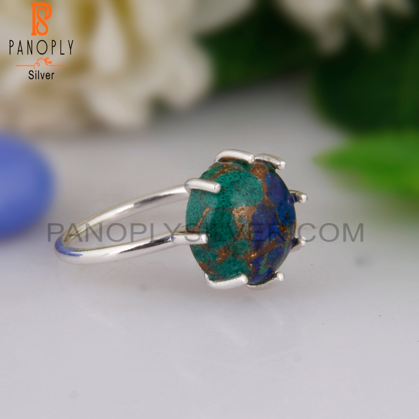 Hypoallergenic Mojave Azurite Malachite Round Silver Ring