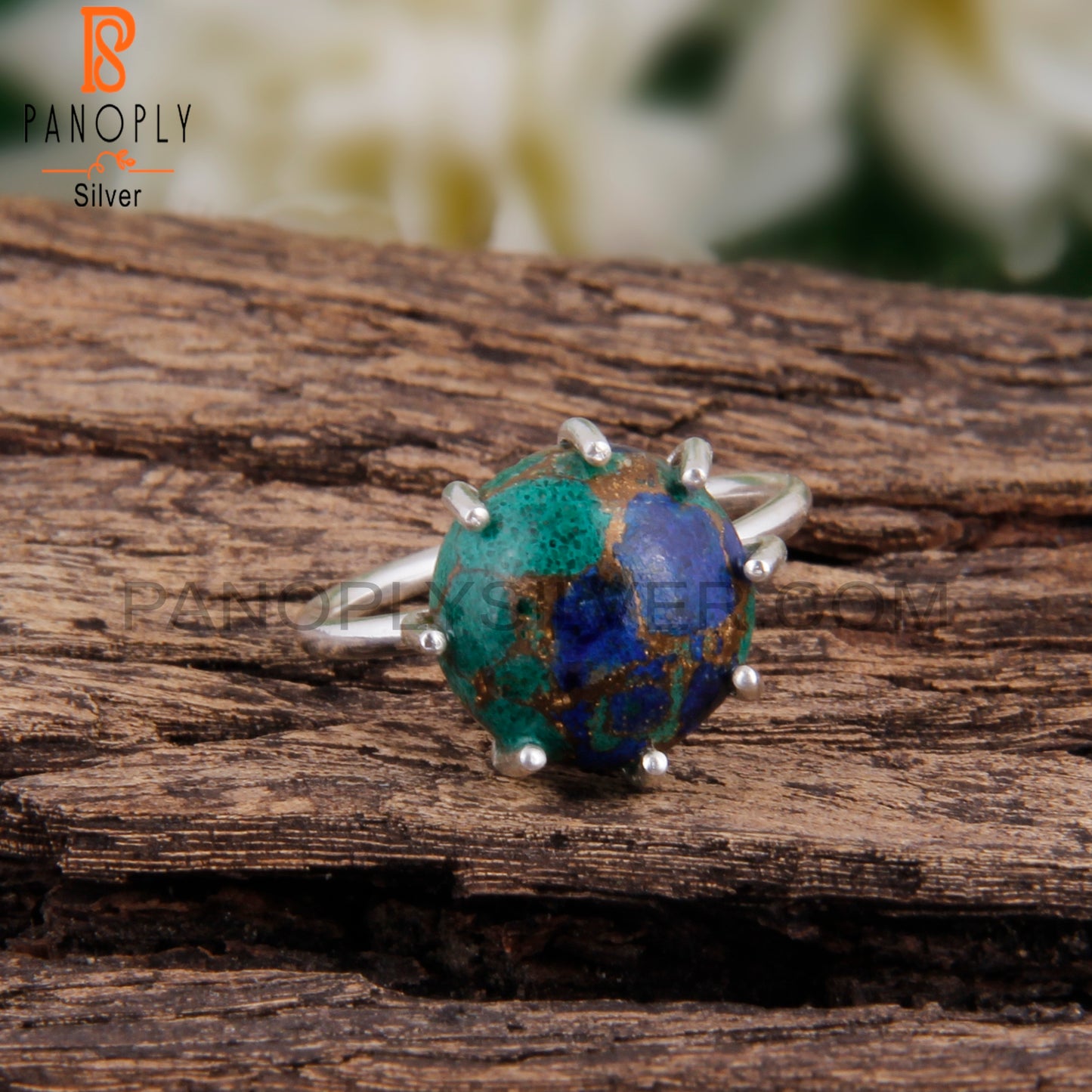 Hypoallergenic Mojave Azurite Malachite Round Silver Ring