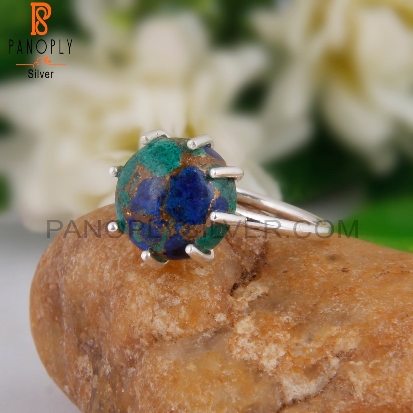 Hypoallergenic Mojave Azurite Malachite Round Silver Ring