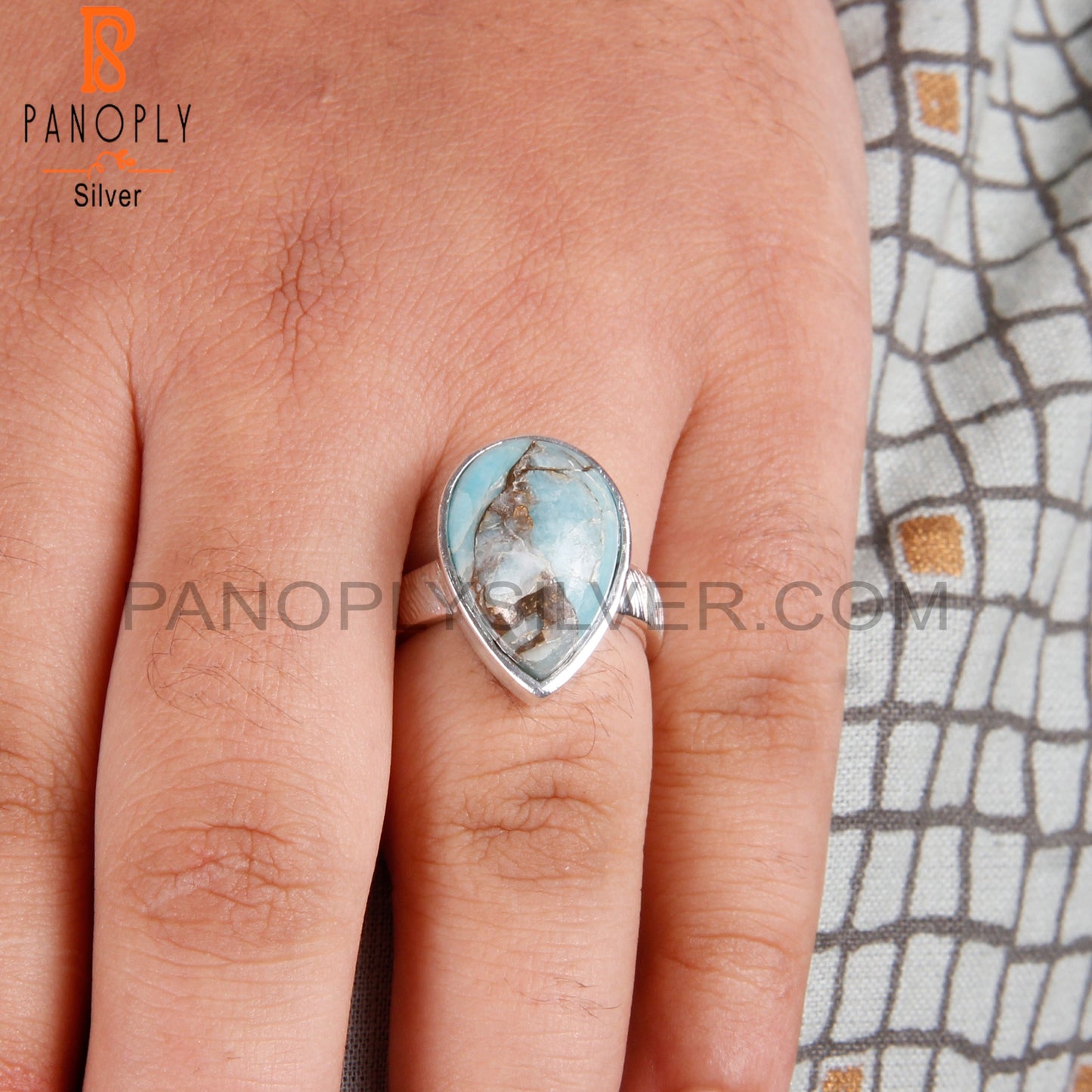 Mojave Copper Amazonite Pear Lightweight 925 Silver Ring