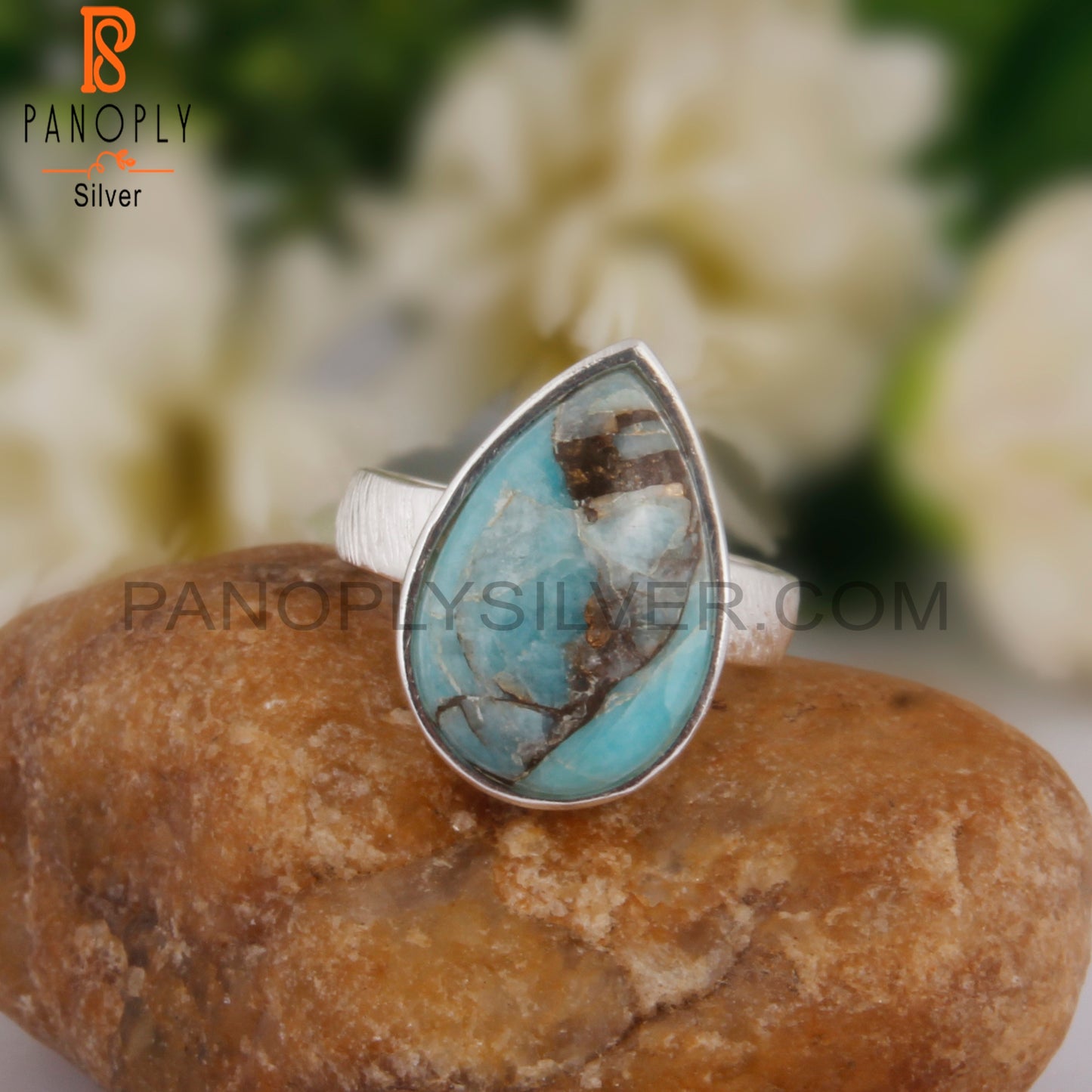 Mojave Copper Amazonite Pear Lightweight 925 Silver Ring
