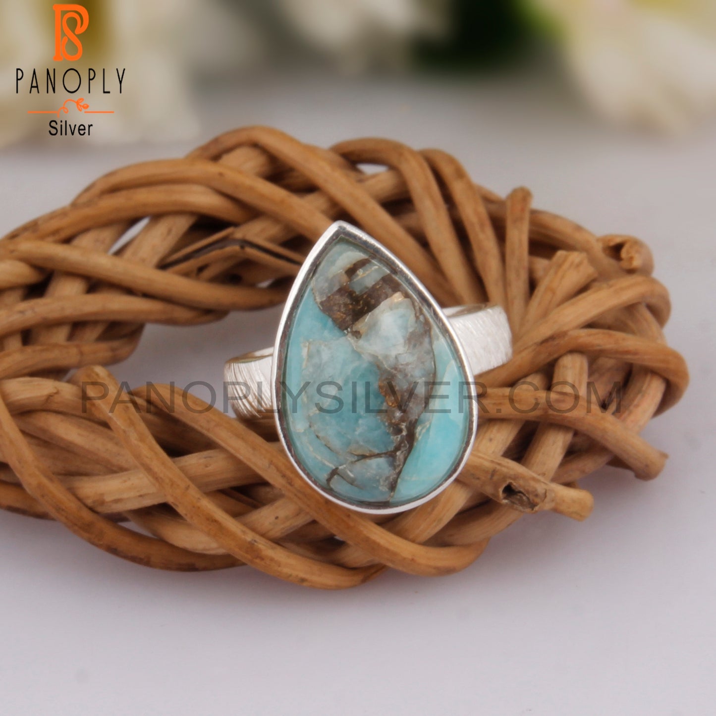 Mojave Copper Amazonite Pear Lightweight 925 Silver Ring