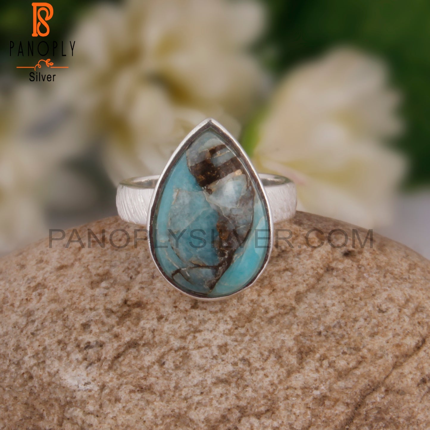 Mojave Copper Amazonite Pear Lightweight 925 Silver Ring