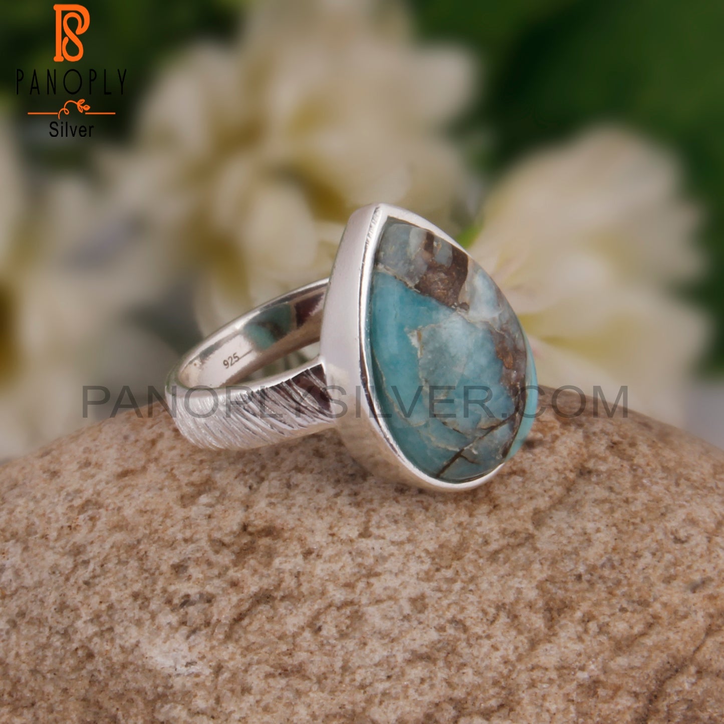 Mojave Copper Amazonite Pear Lightweight 925 Silver Ring