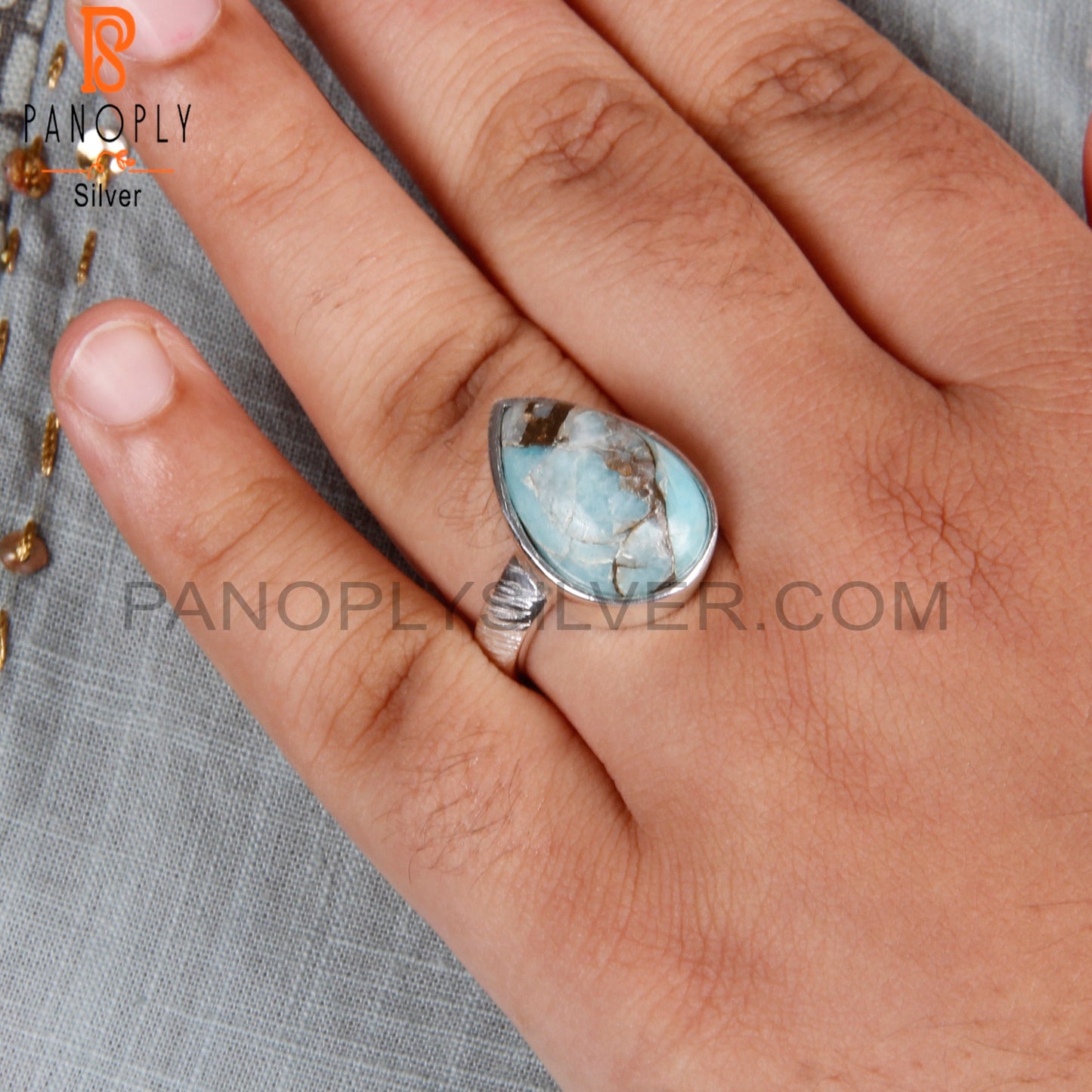 Mojave Copper Amazonite Pear Lightweight 925 Silver Ring