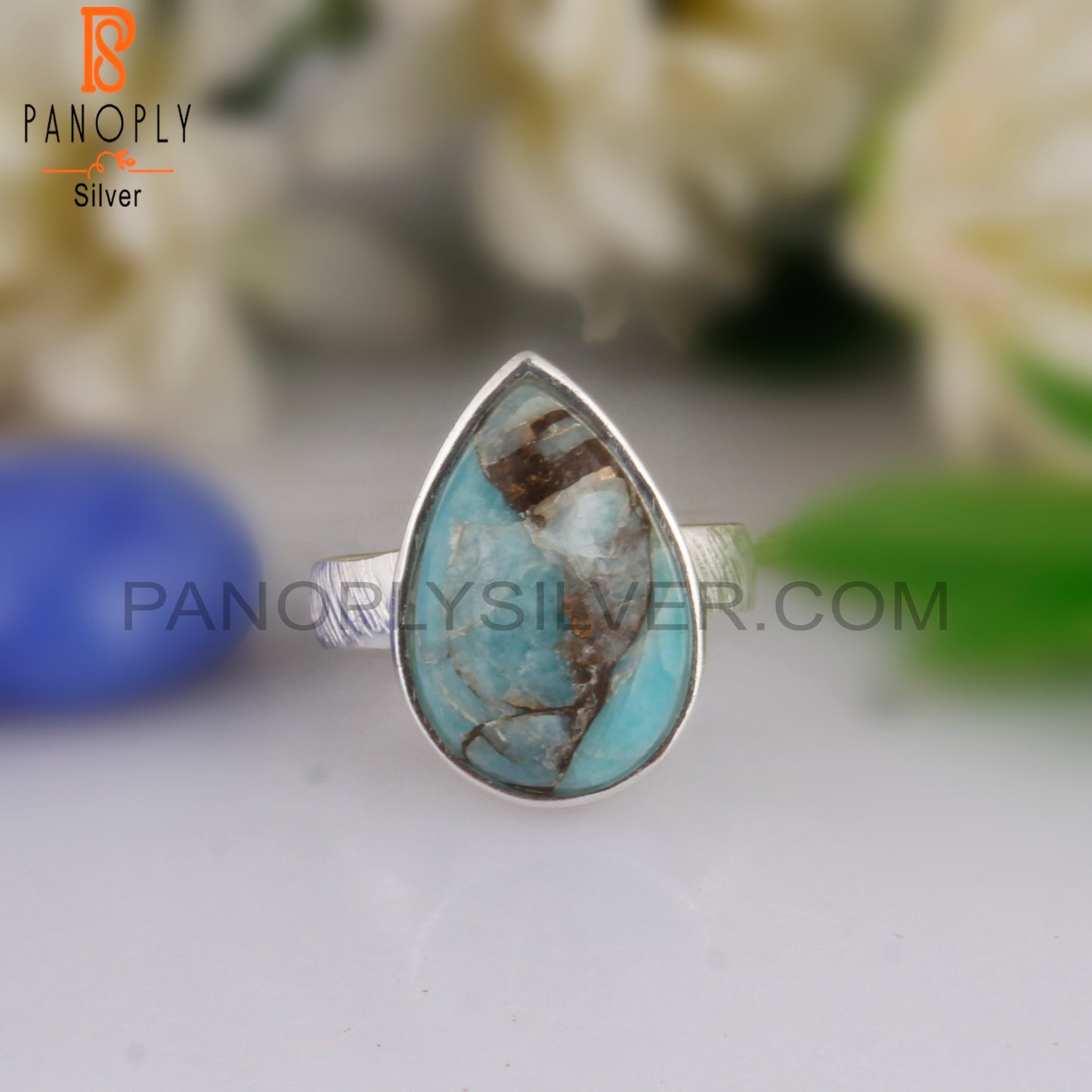 Mojave Copper Amazonite Pear Lightweight 925 Silver Ring