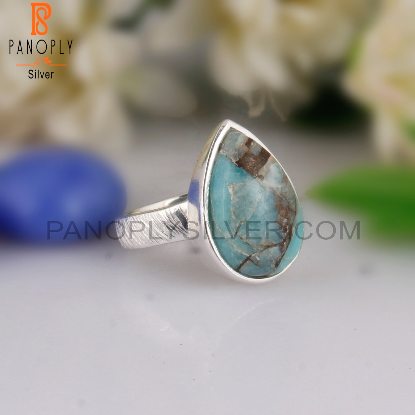Mojave Copper Amazonite Pear Lightweight 925 Silver Ring