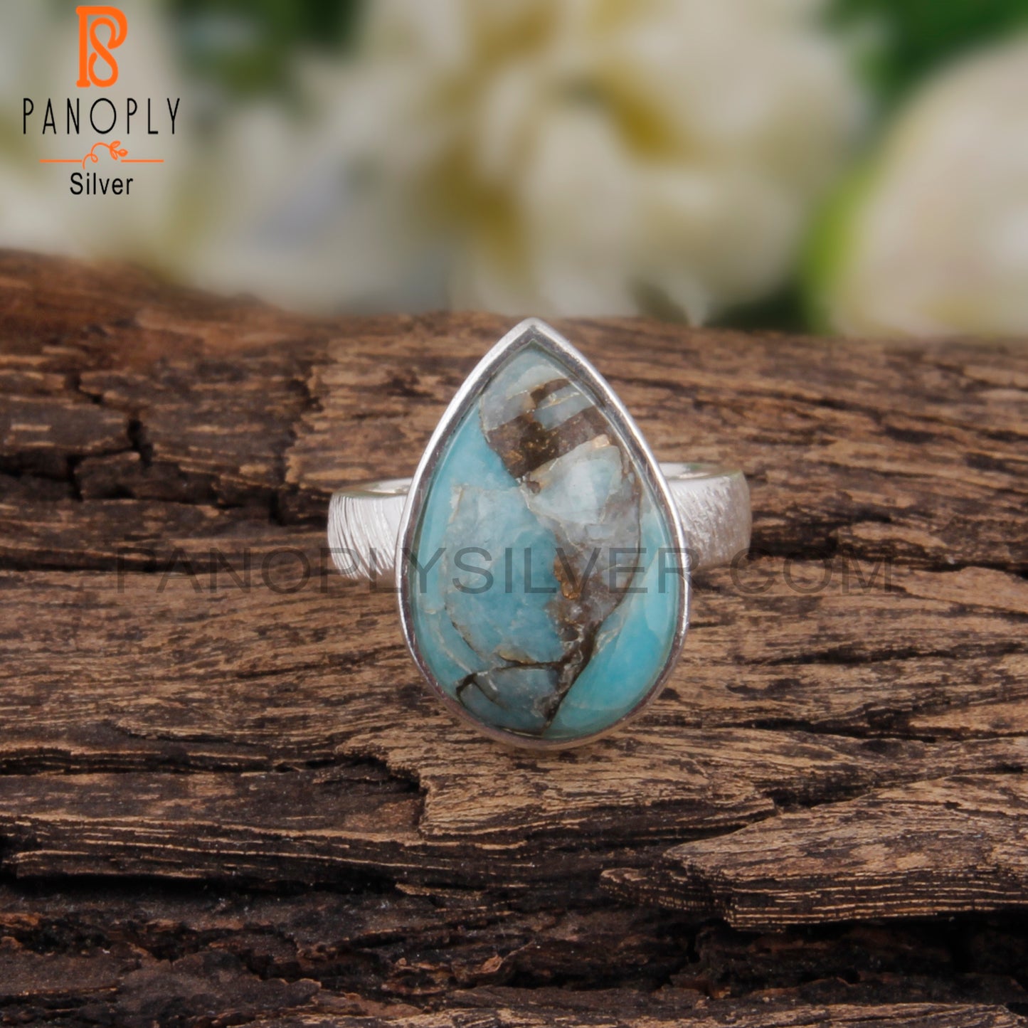 Mojave Copper Amazonite Pear Lightweight 925 Silver Ring