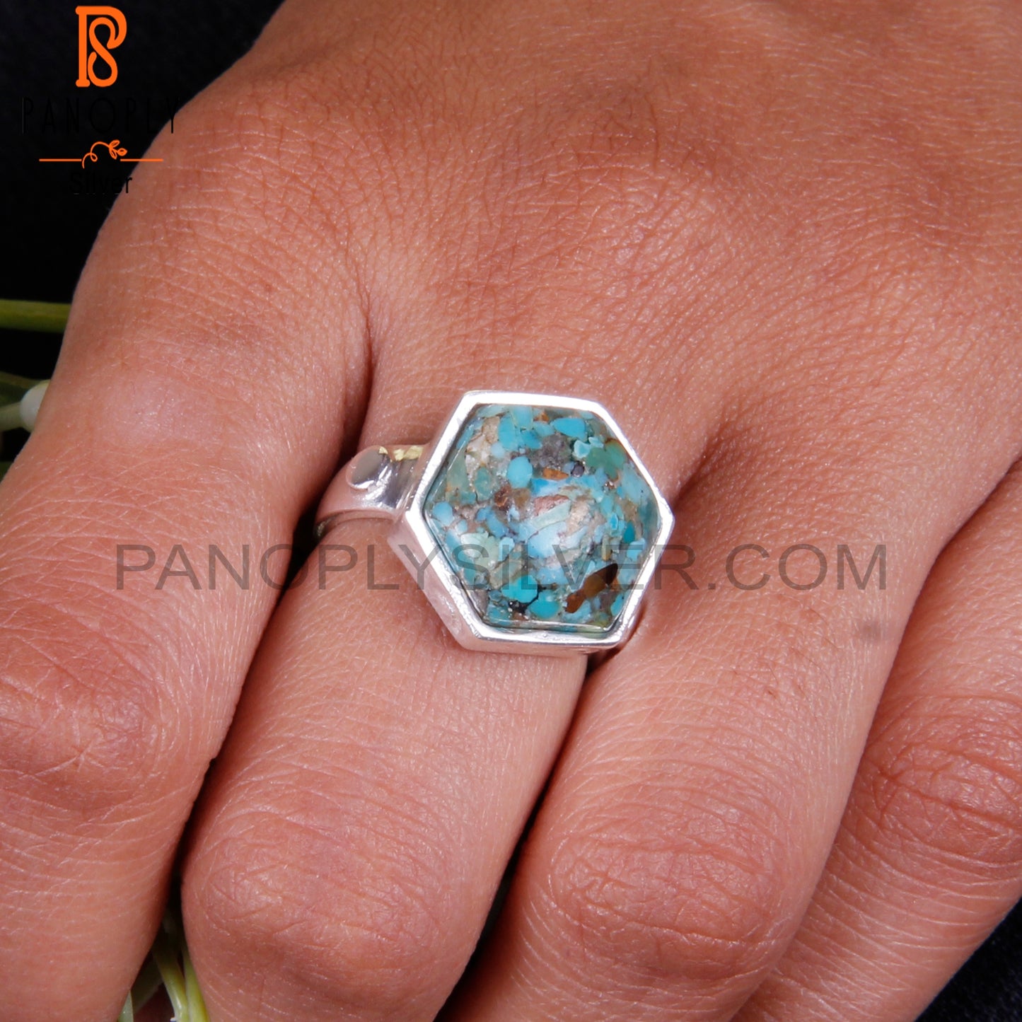 Hexagon Shape Boulder Turquoise 925 Sterling Silver Ring
