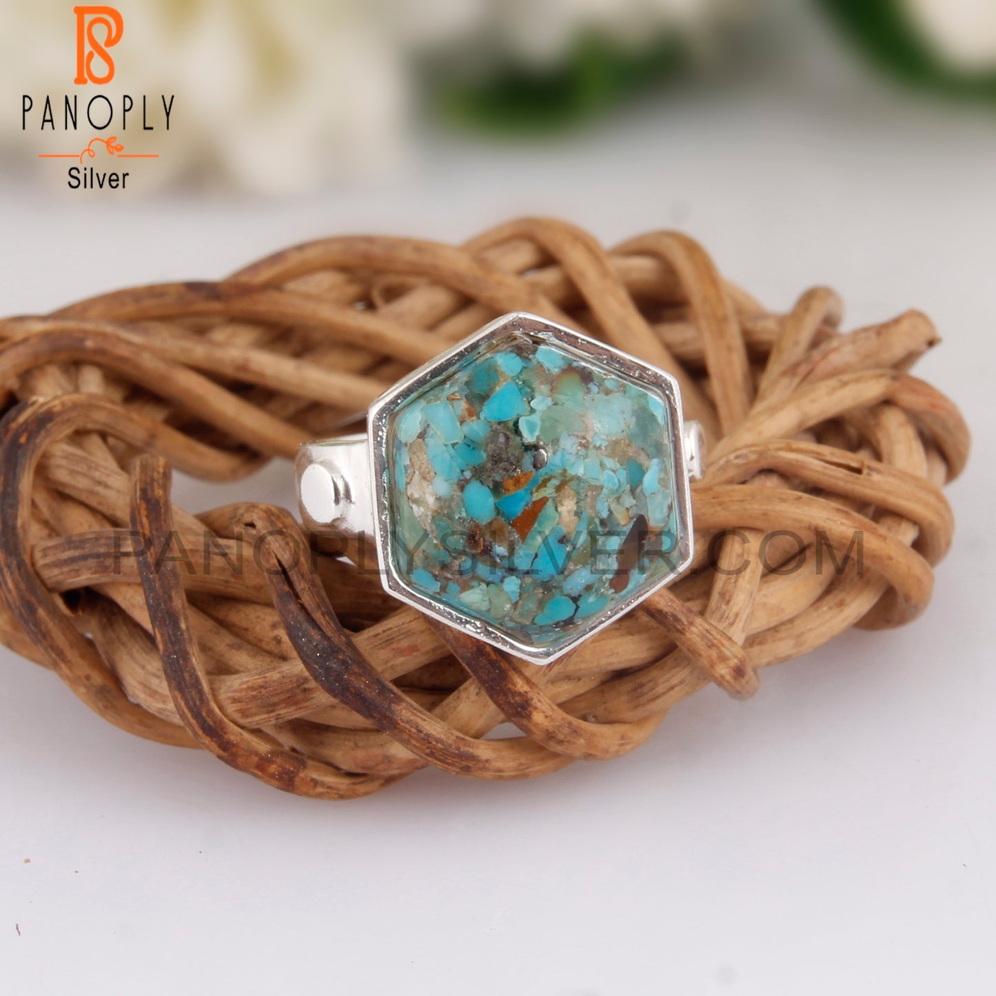 Hexagon Shape Boulder Turquoise 925 Sterling Silver Ring