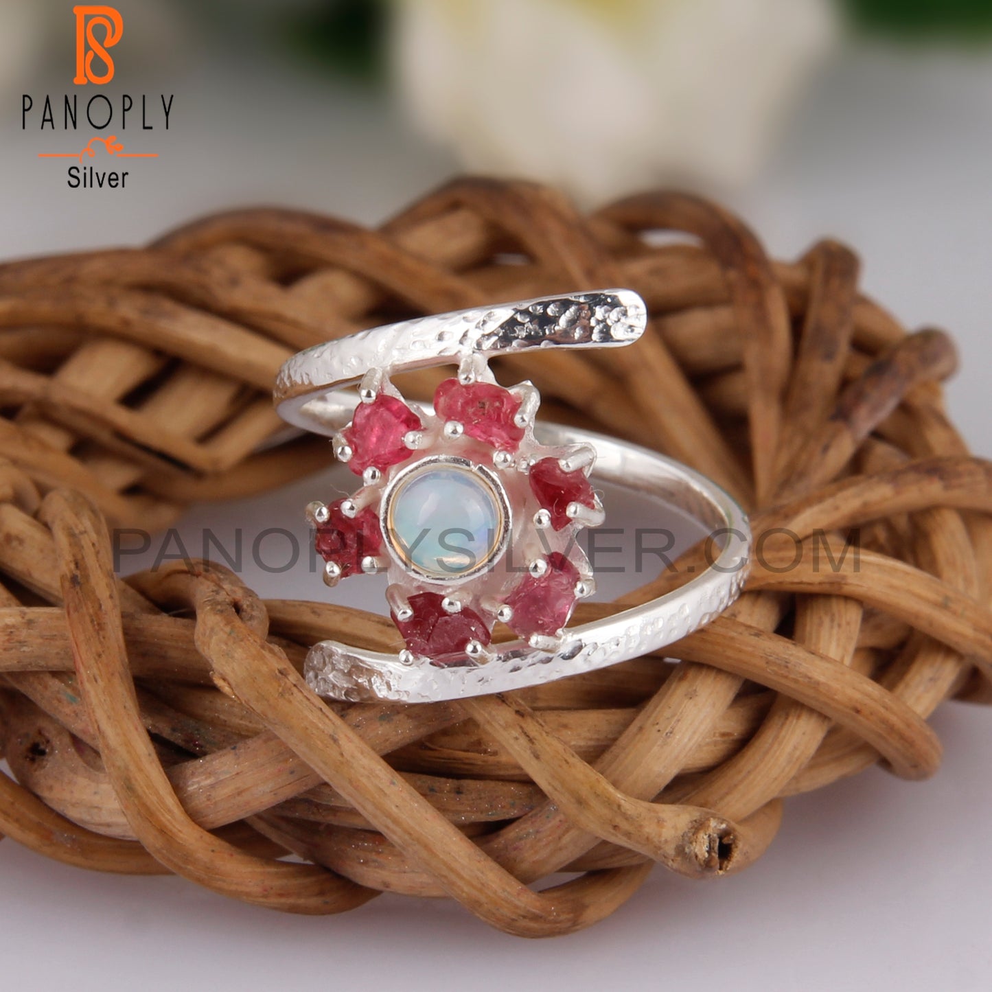Ethiopian Opal & Spinel Ruby 925 Sterling Silver Bypass Ring