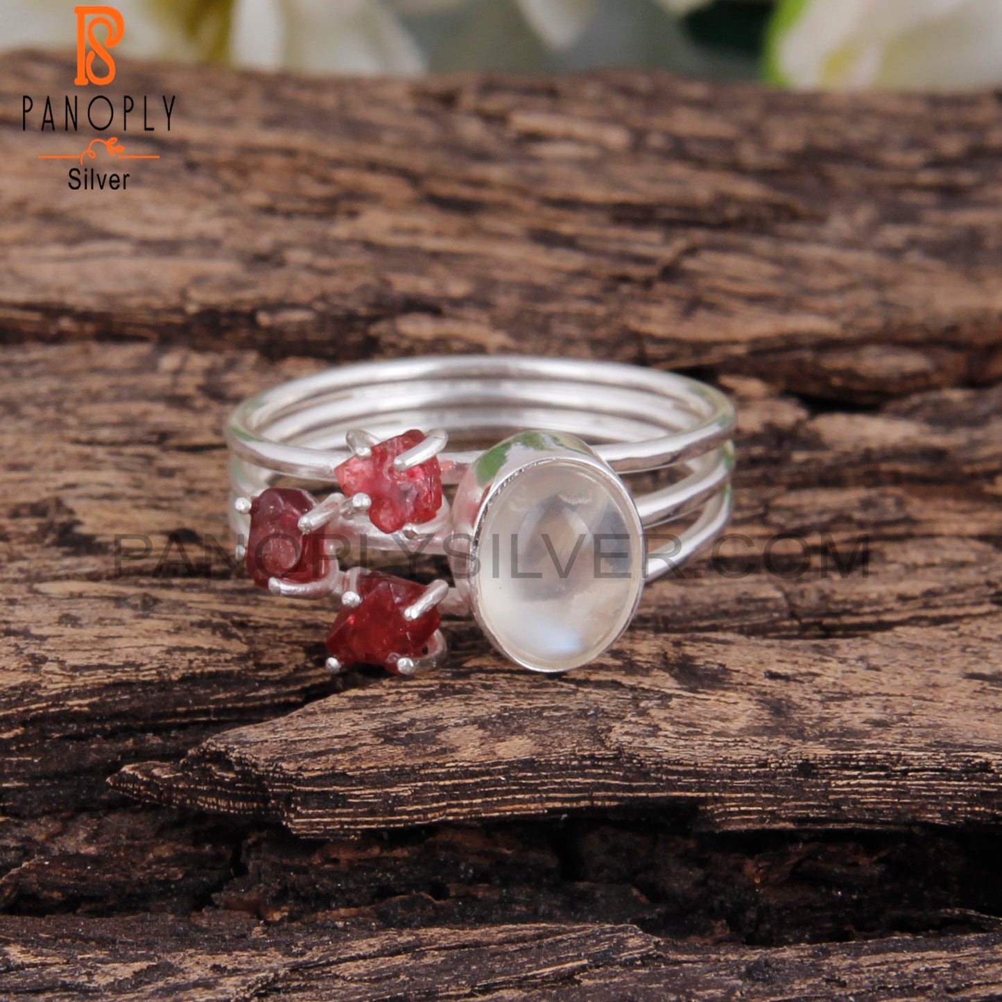 Rainbow Moon Stone & Spinel Ruby Engagement 925 Ring