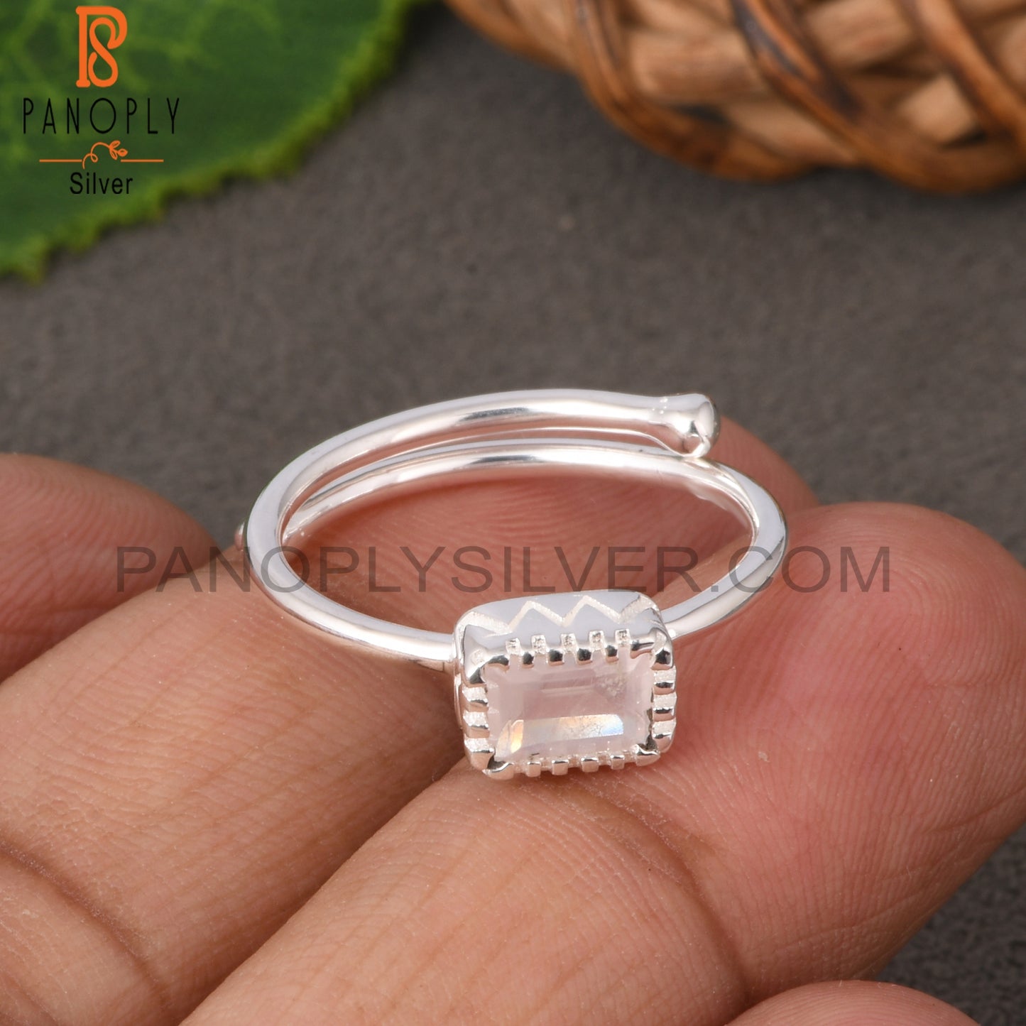 Rose Quartz Baguette Shape 925 Sterling Silver Ring