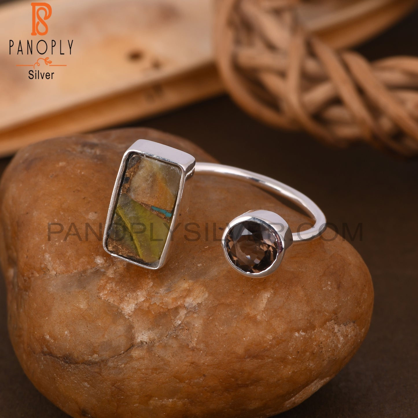 Mojave Copper Bumblebee Turquoise & Smoky 925 Silver Ring