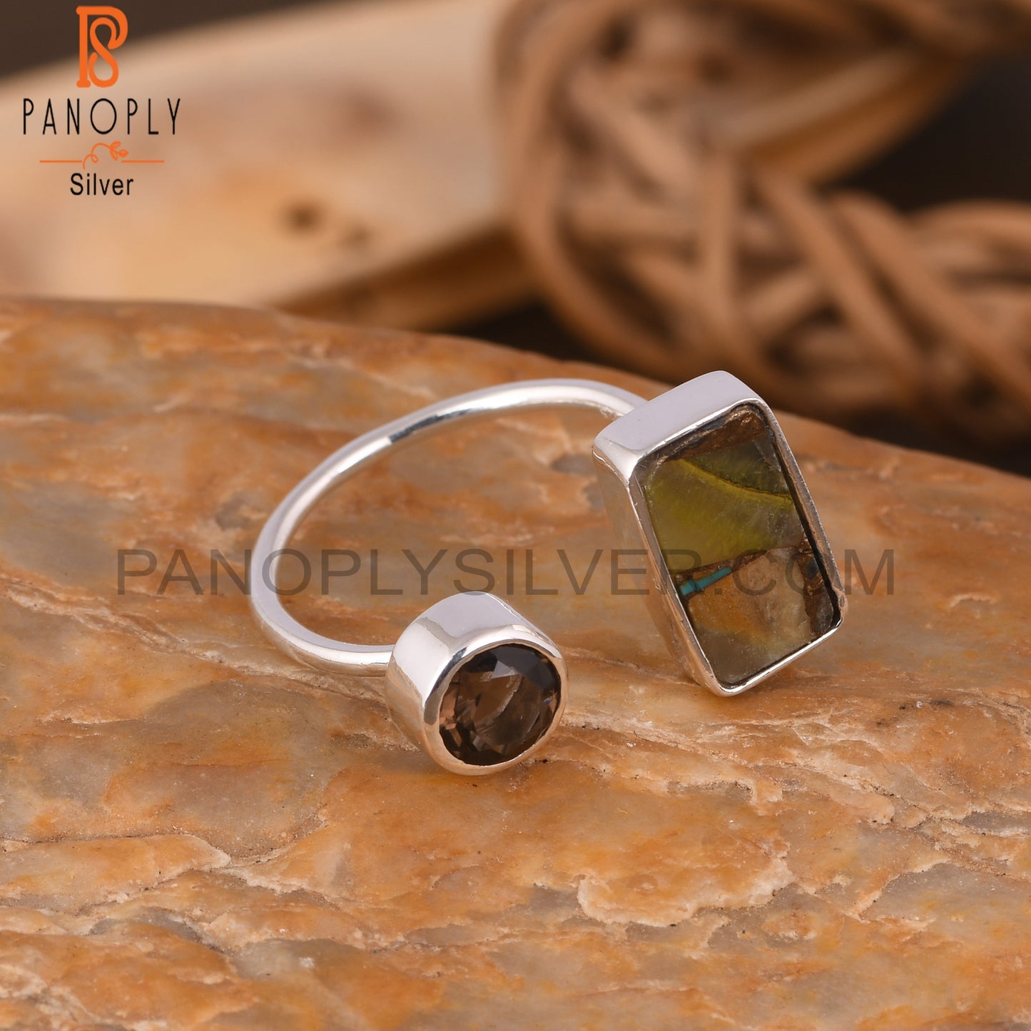 Mojave Copper Bumblebee Turquoise & Smoky 925 Silver Ring