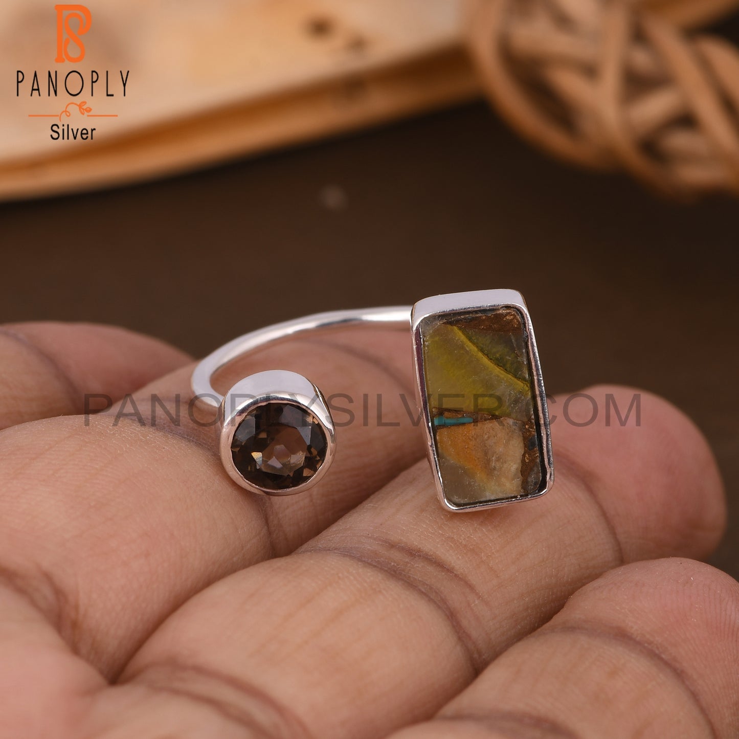 Mojave Copper Bumblebee Turquoise & Smoky 925 Silver Ring