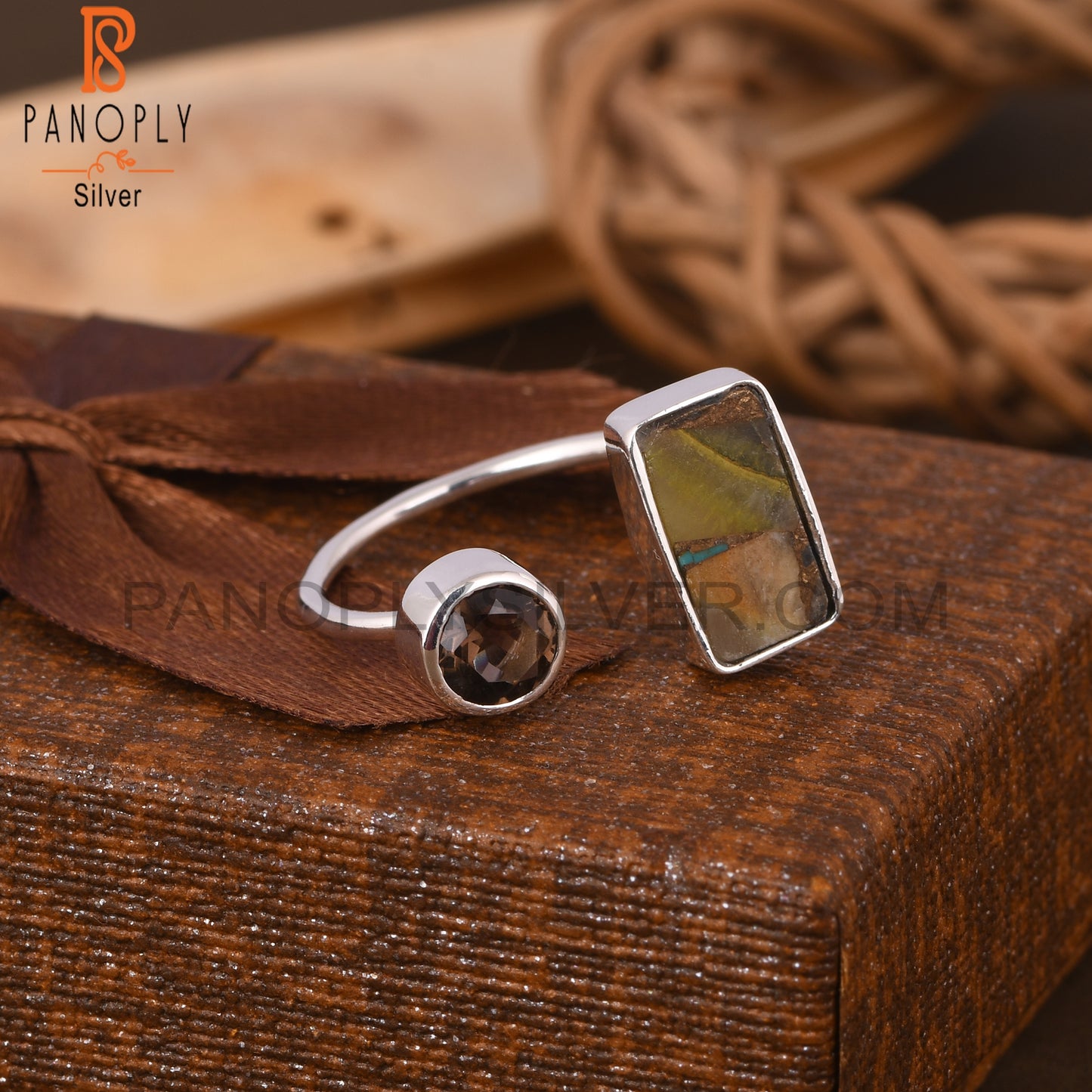 Mojave Copper Bumblebee Turquoise & Smoky 925 Silver Ring