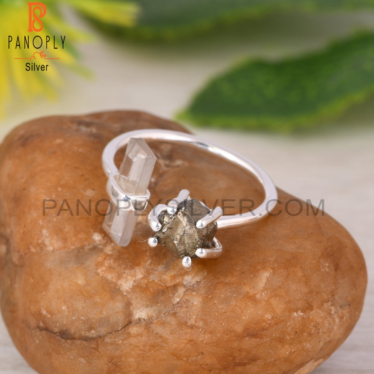 Pyrite & Crystal Quartz 925 Sterling Silver Ring