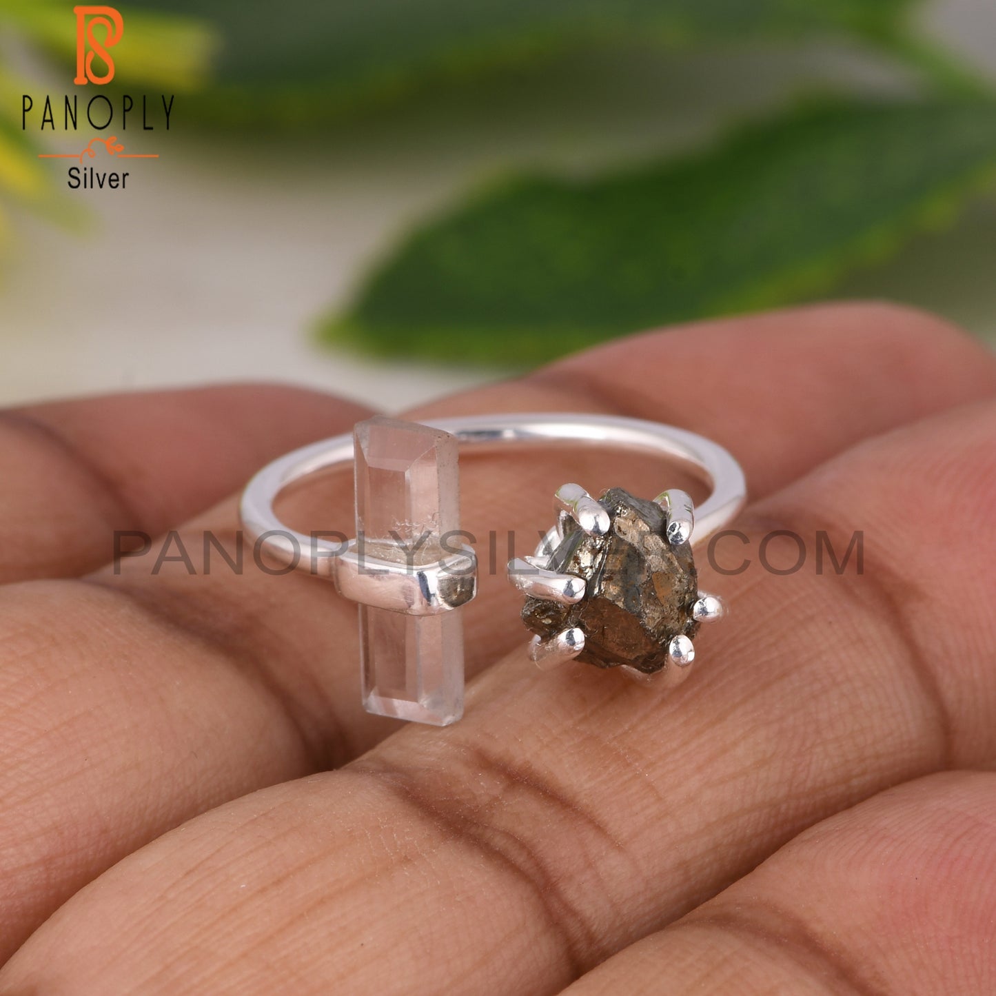 Pyrite & Crystal Quartz 925 Sterling Silver Ring