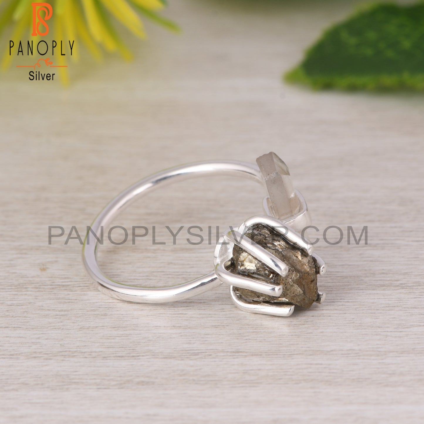 Pyrite & Crystal Quartz 925 Sterling Silver Ring