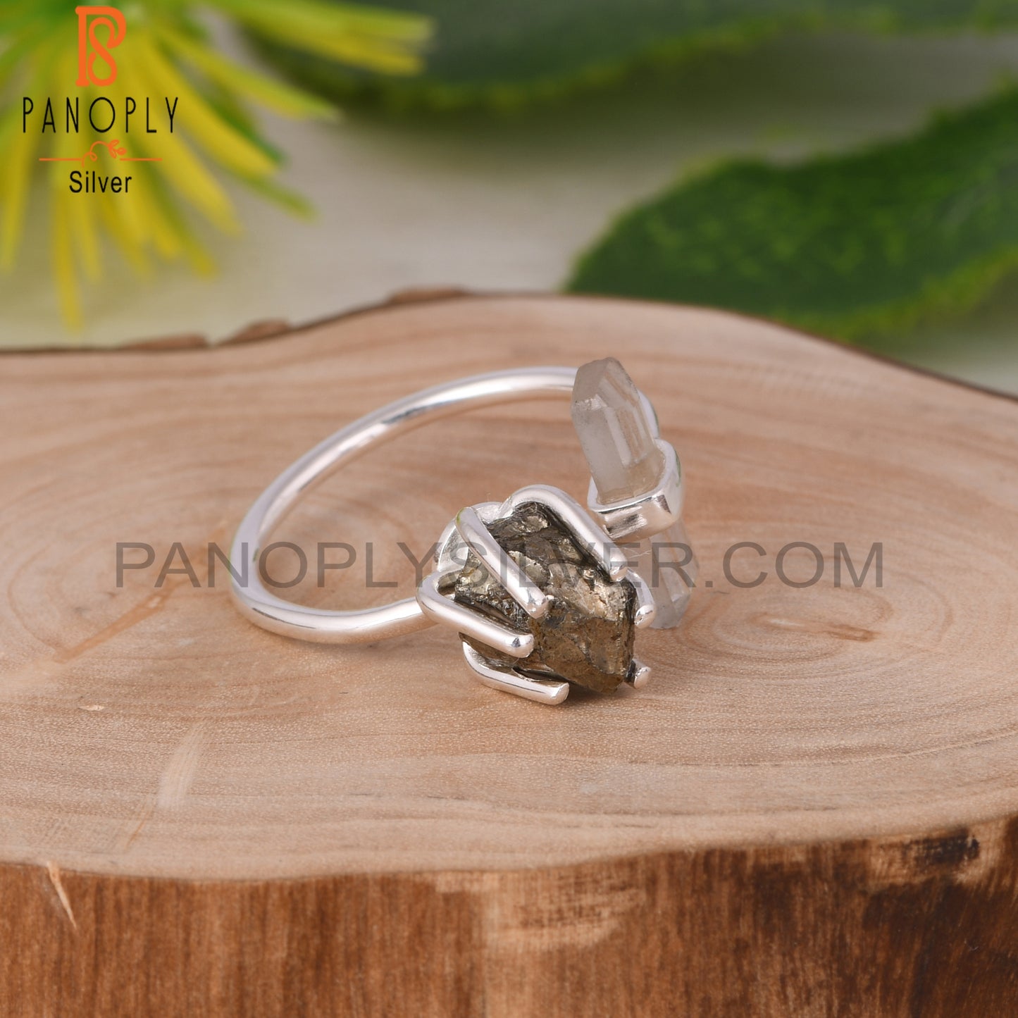 Pyrite & Crystal Quartz 925 Sterling Silver Ring