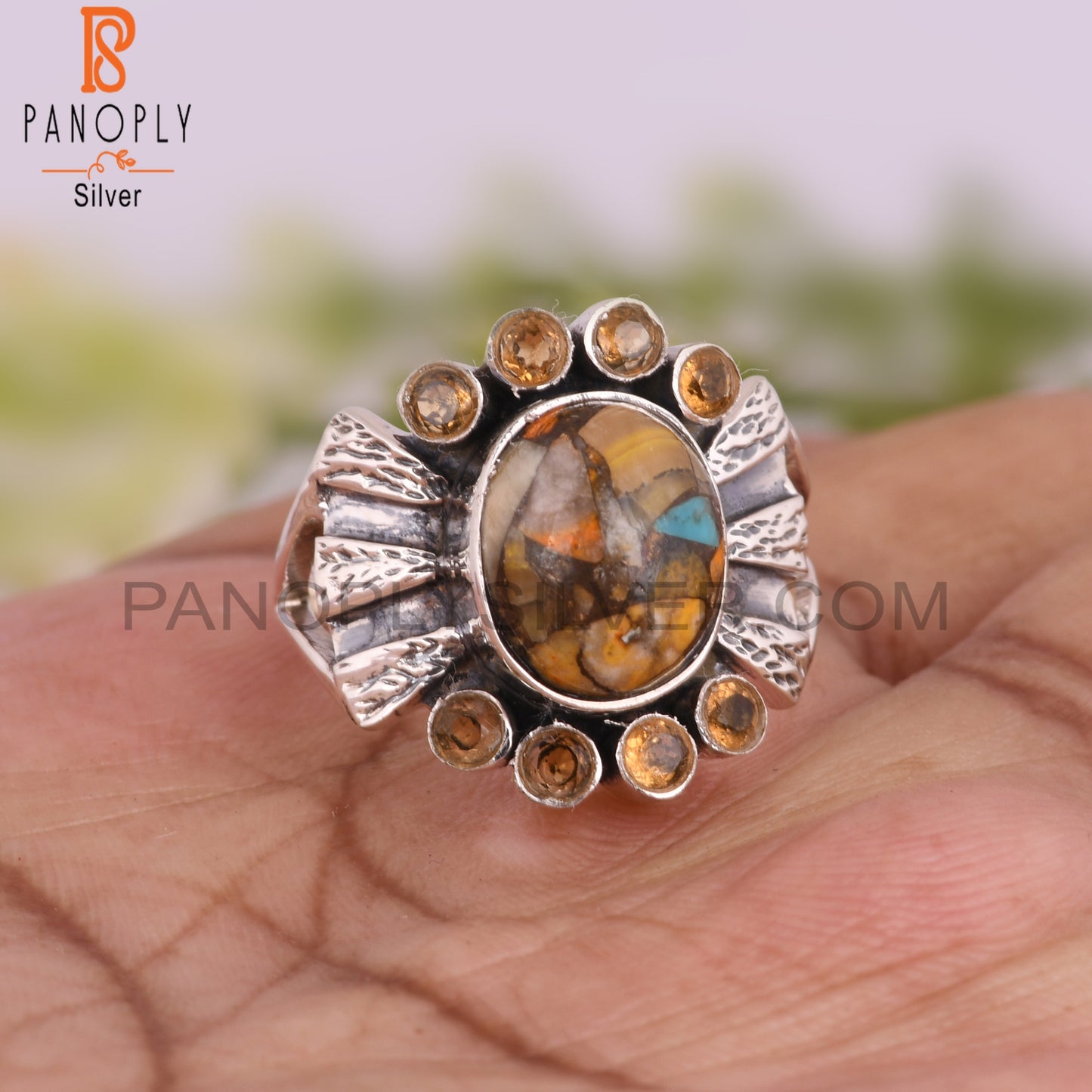 Mojave Copper Bumblebee Turquoise & Citrine 925 Silver Ring