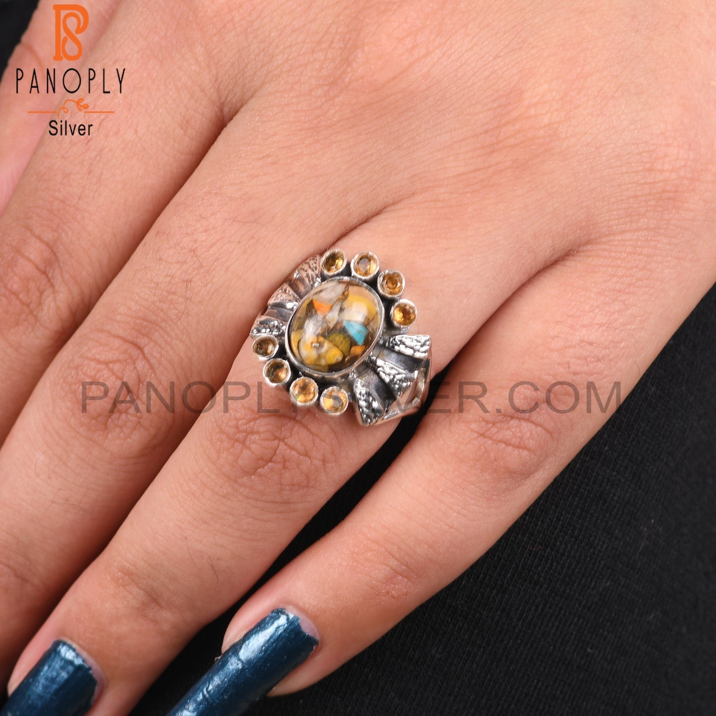 Mojave Copper Bumblebee Turquoise & Citrine 925 Silver Ring