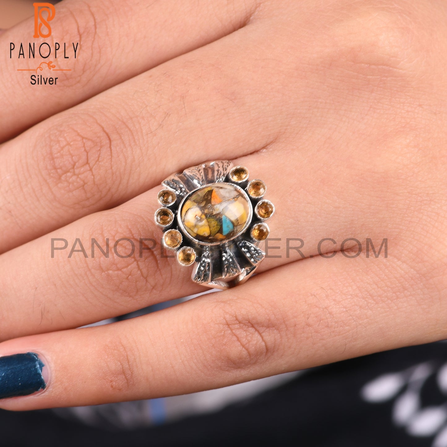 Mojave Copper Bumblebee Turquoise & Citrine 925 Silver Ring