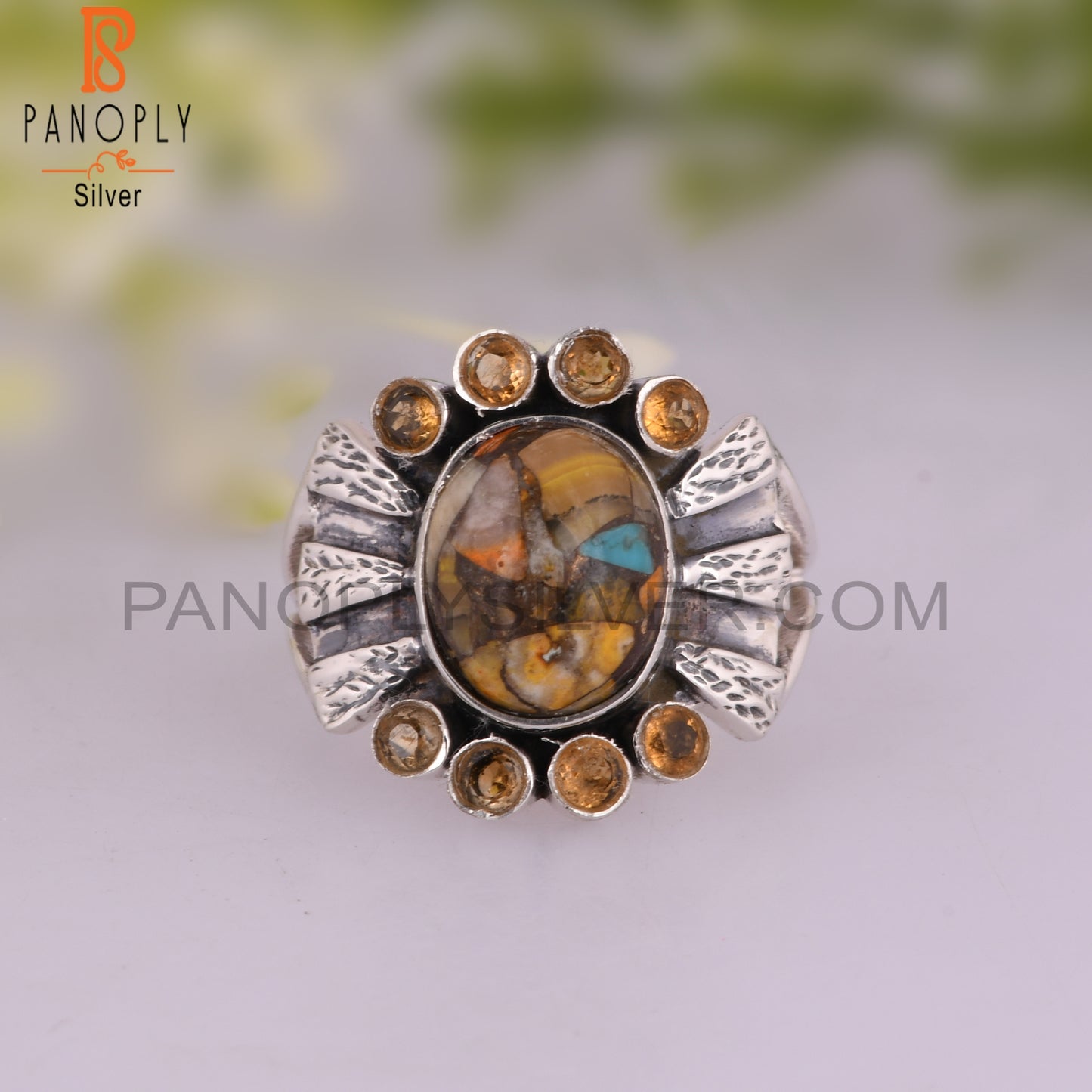 Mojave Copper Bumblebee Turquoise & Citrine 925 Silver Ring